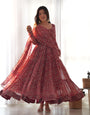 Maroon Pure Soft Fox Georgette Anarkali Suit Set With Huge Flair, Dupatta & Pant