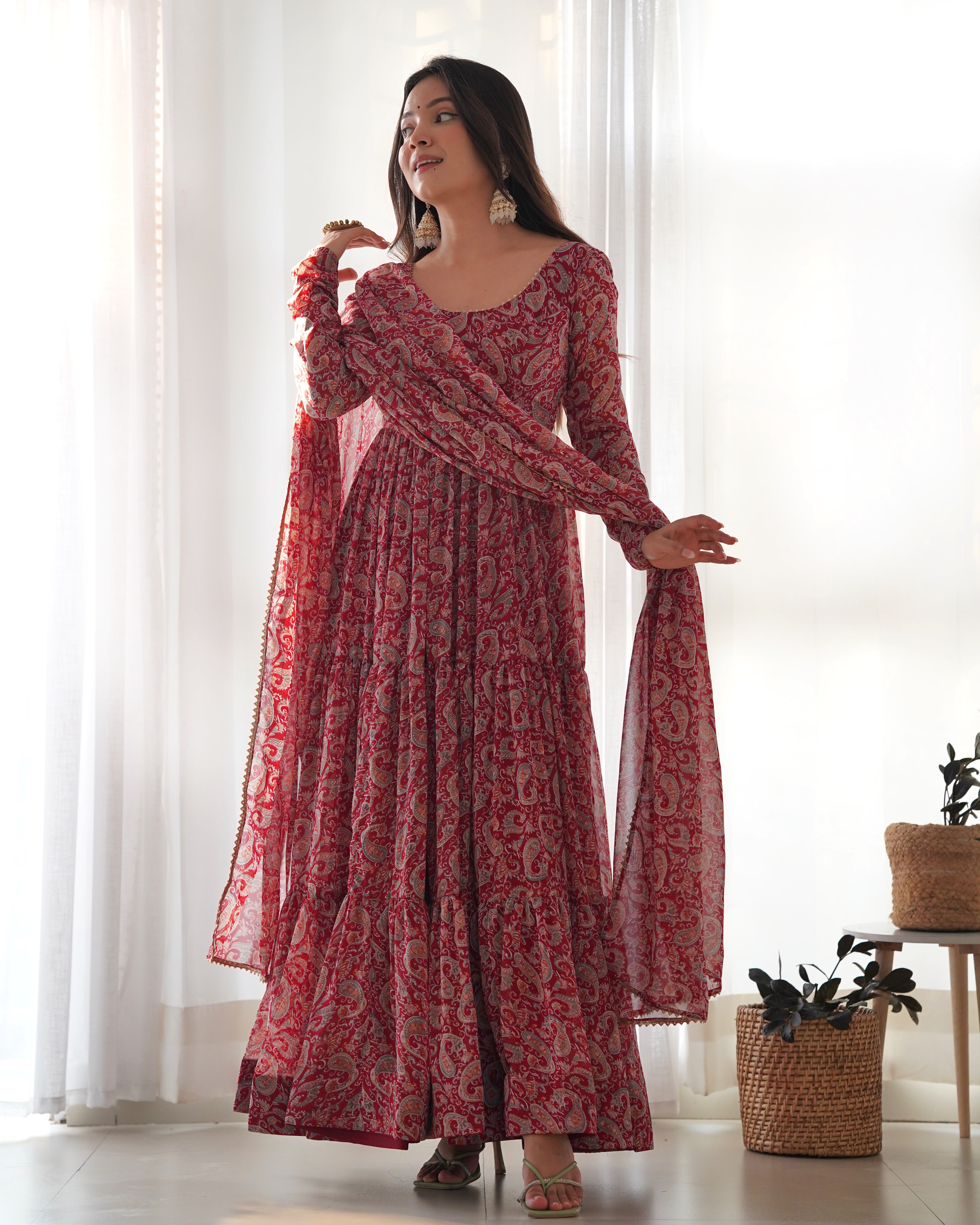 Maroon Pure Soft Fox Georgette Anarkali Suit Set With Huge Flair, Dupatta & Pant