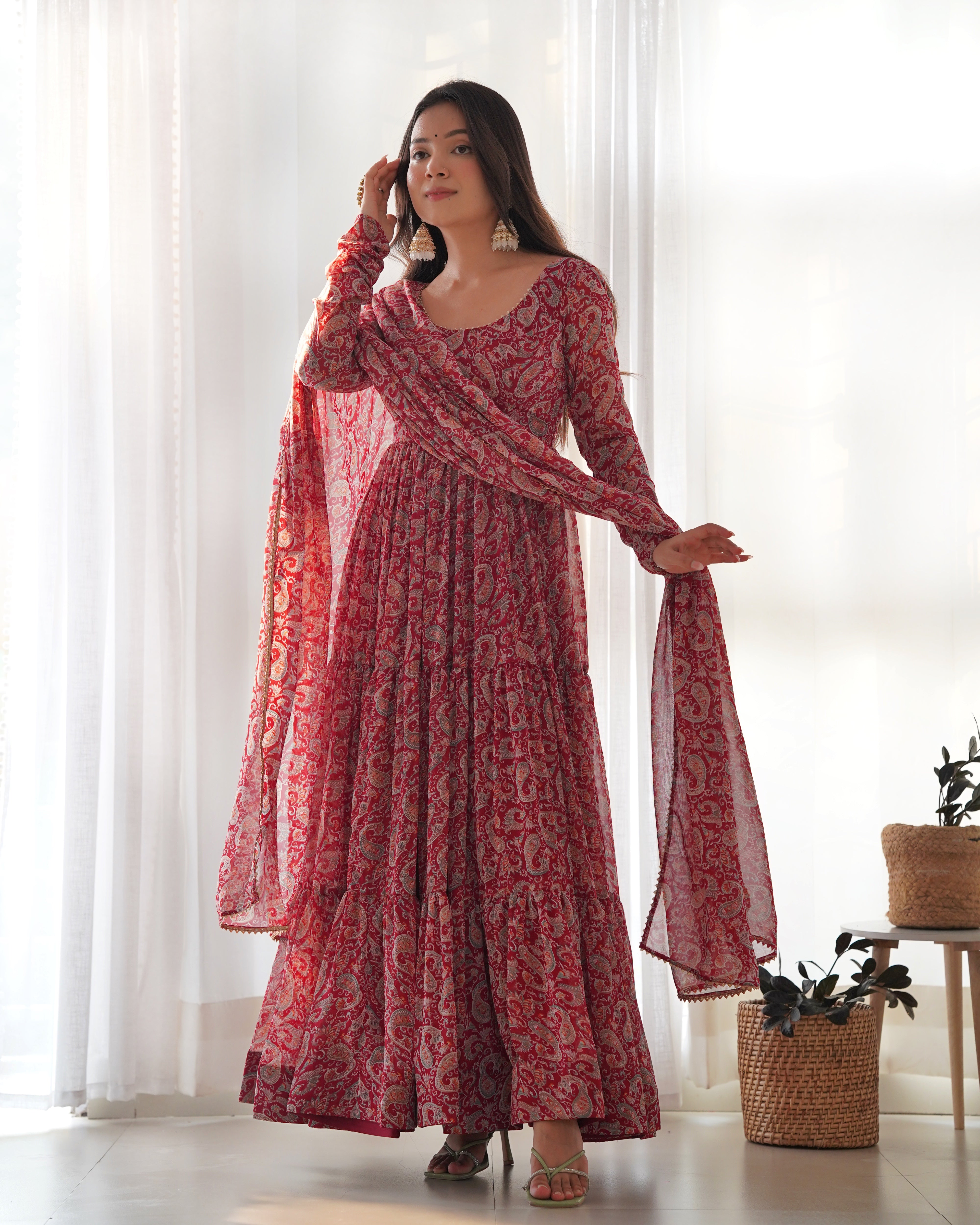 Maroon Pure Soft Fox Georgette Anarkali Suit Set With Huge Flair, Dupatta & Pant