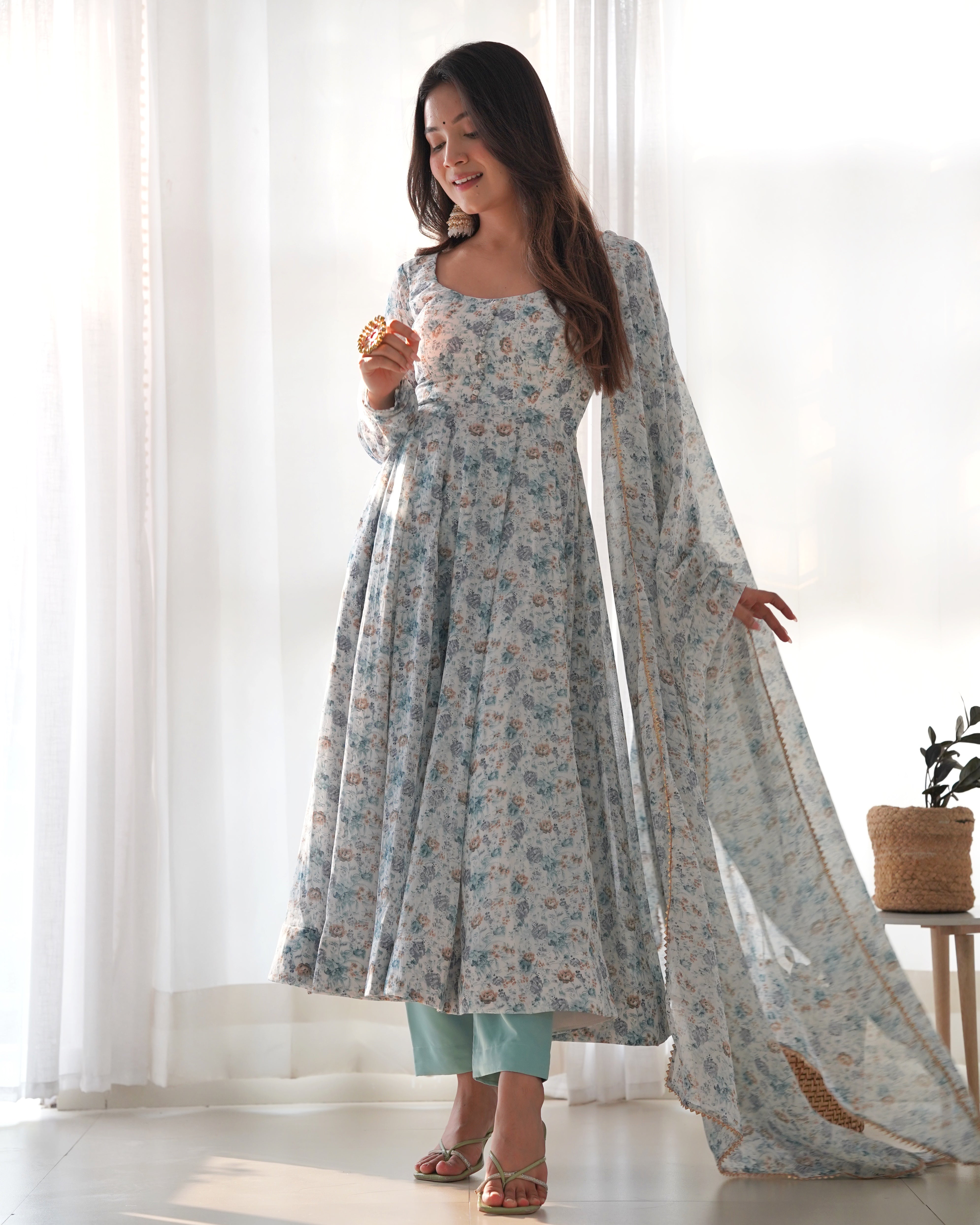 Sky Pure Soft Orange Chiffon Floral Anarkali Suit Set With Huge Flair, Dupatta & Pant