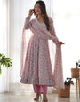 Pink Pure Soft Orange Chiffon Floral Anarkali Suit Set With Huge Flair, Dupatta & Pant