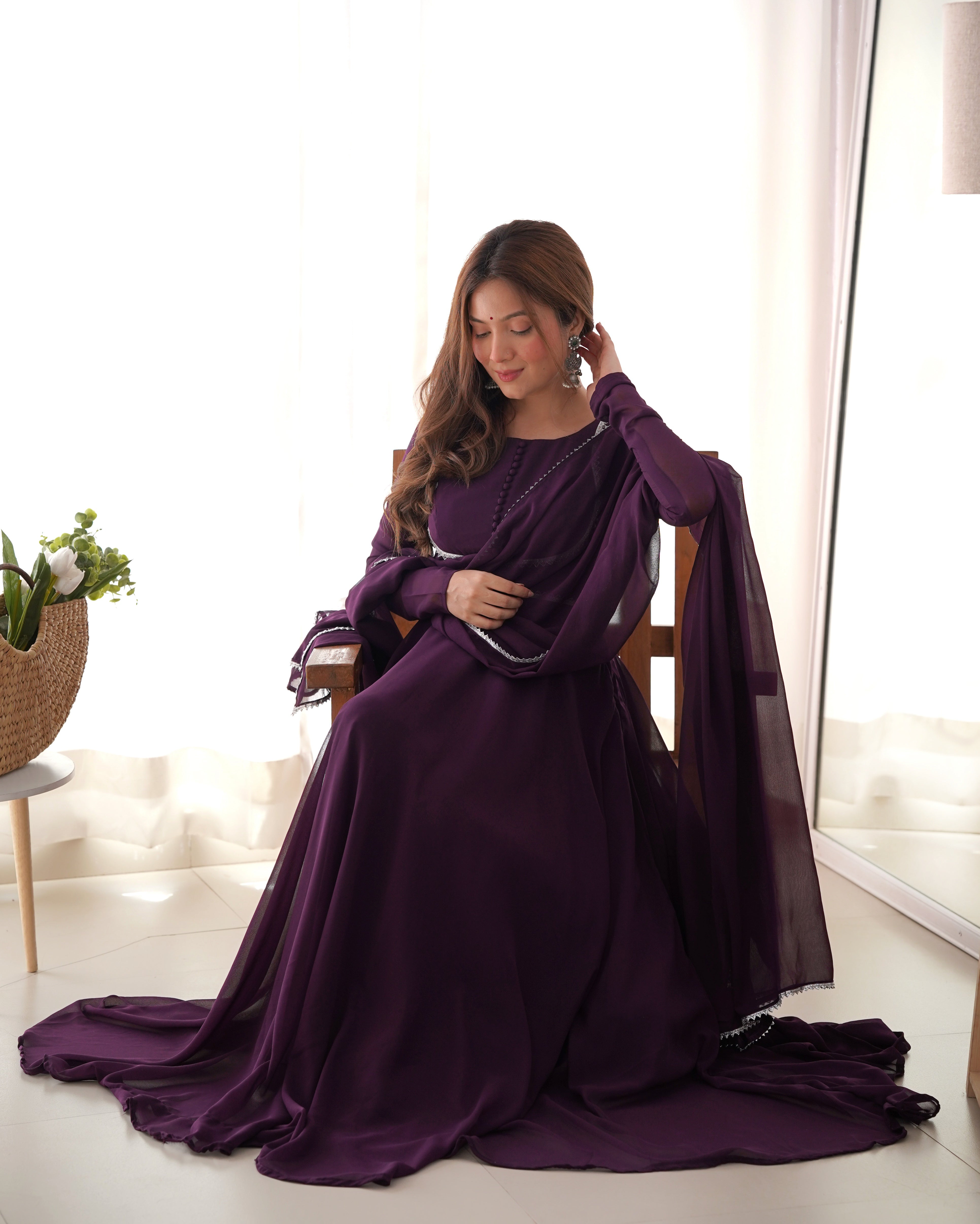 Wine Pure Soft Fox Georgette Anarkali Suit Set With Huge Flair, Dupatta & Pant