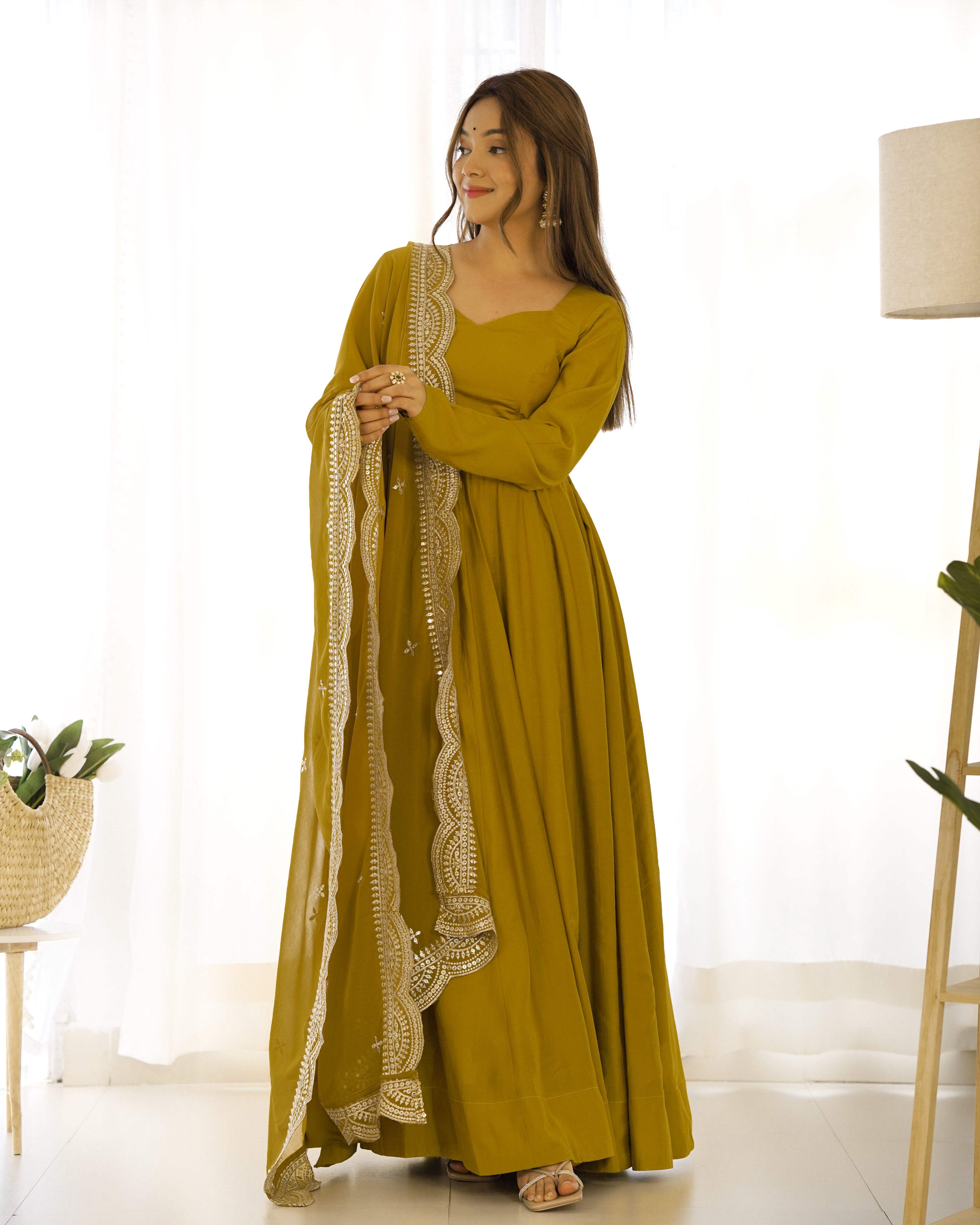 Mustard Pure Roman Silk Chanderi Anarkali Suit Set With Huge Flair, Dupatta & Pant