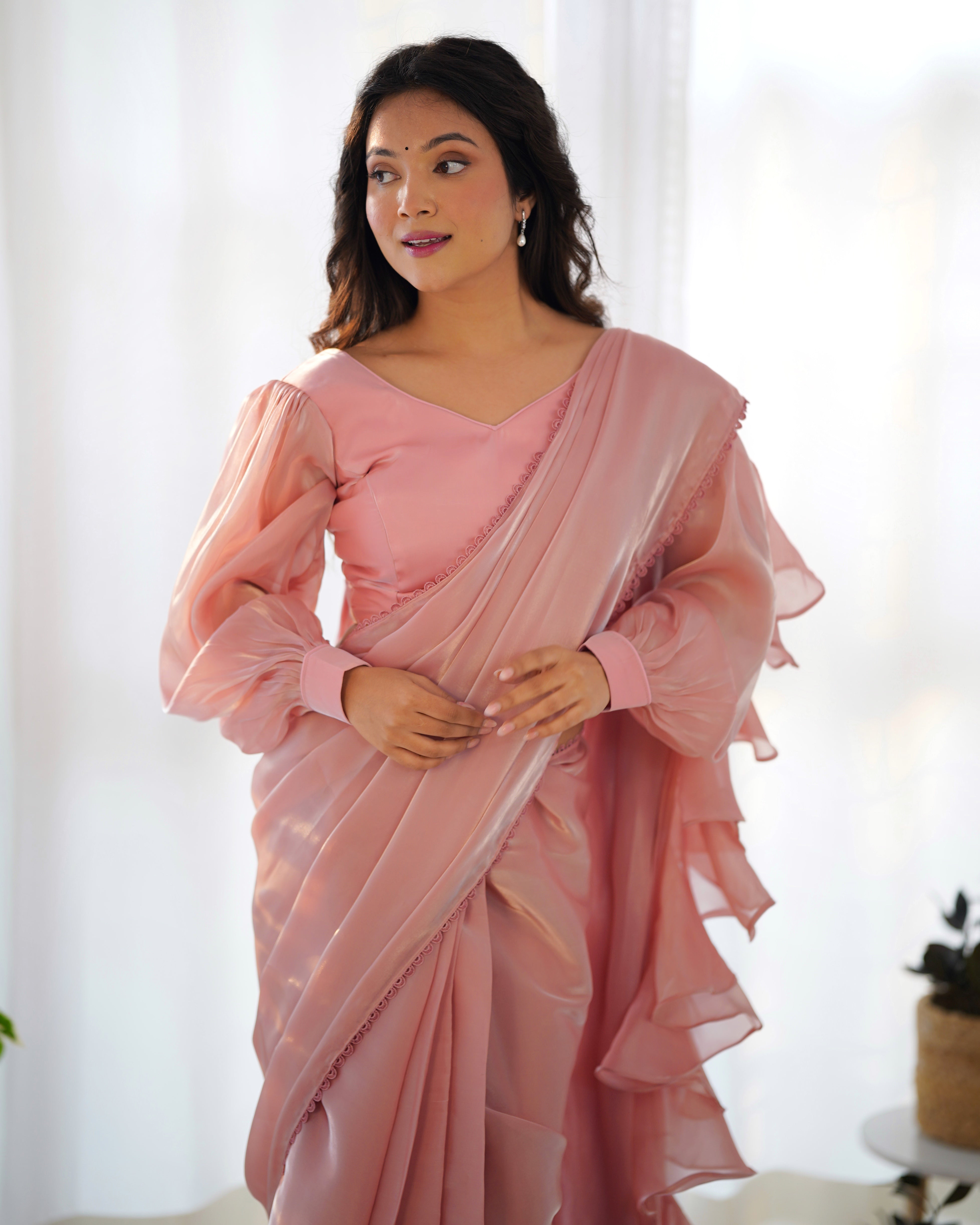 Peach Ready-To-Wear Jimmy Choo Organza Saree With Ruffle