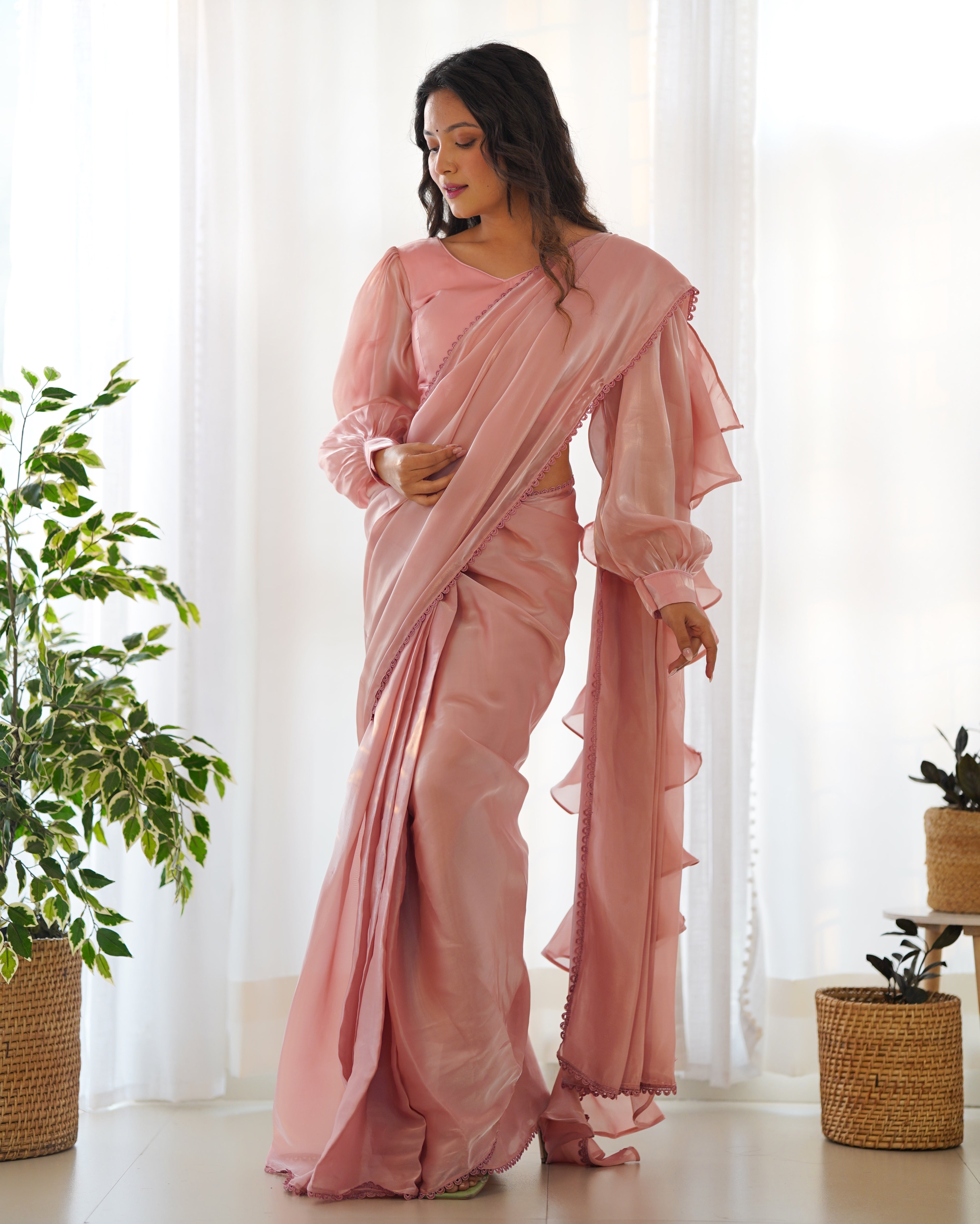Peach Ready-To-Wear Jimmy Choo Organza Saree With Ruffle