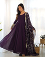 Wine Pure Soft Fox Georgette Anarkali Suit Set With Huge Flair, Dupatta & Pant