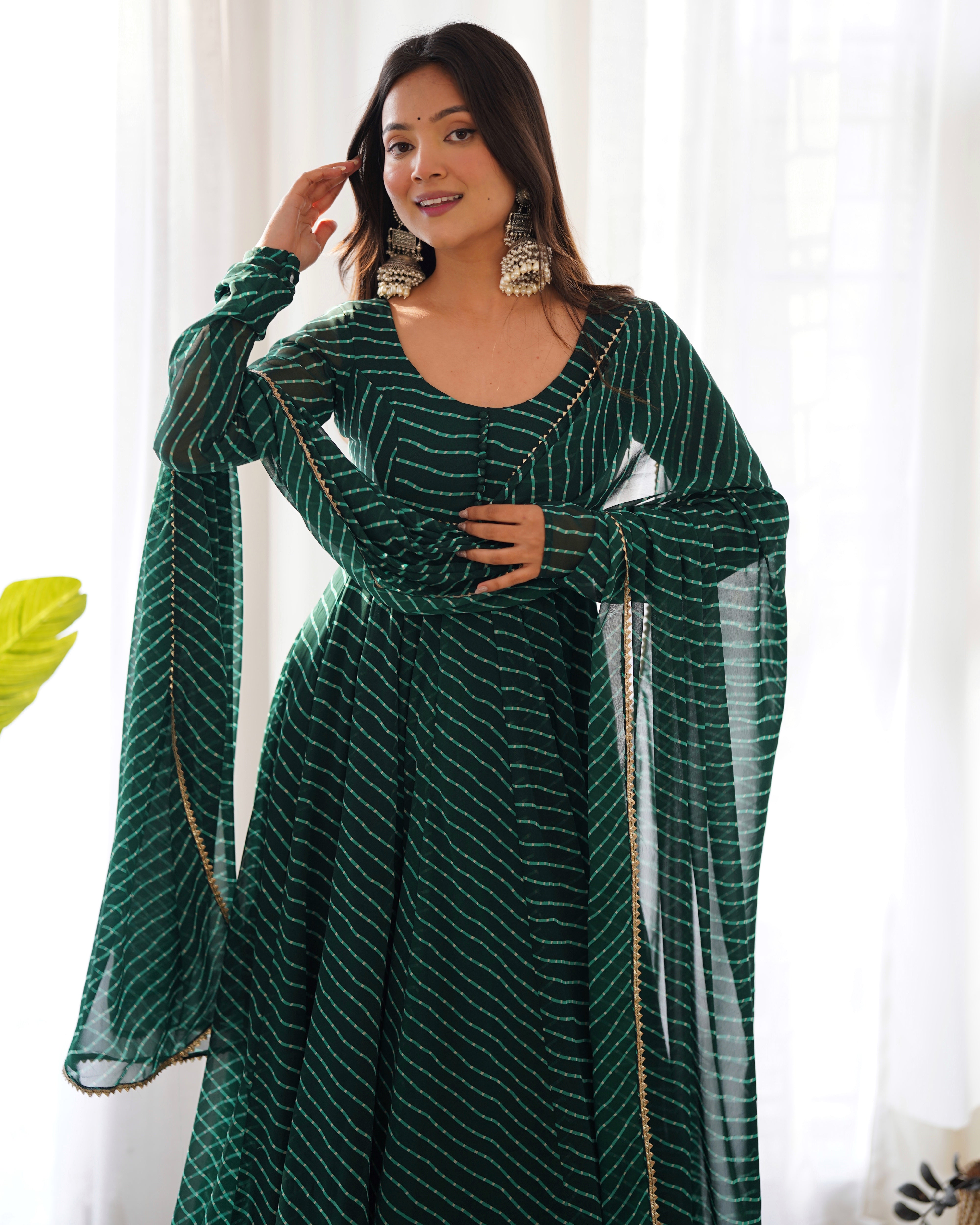 Dark Green Pure Soft Fox Georgette Anarkali Suit Set With Huge Flair, Bahu Palace Dark Green Pure Soft Fox Georgette Anarkali Suit Set With Huge Flair, Bahu Palace