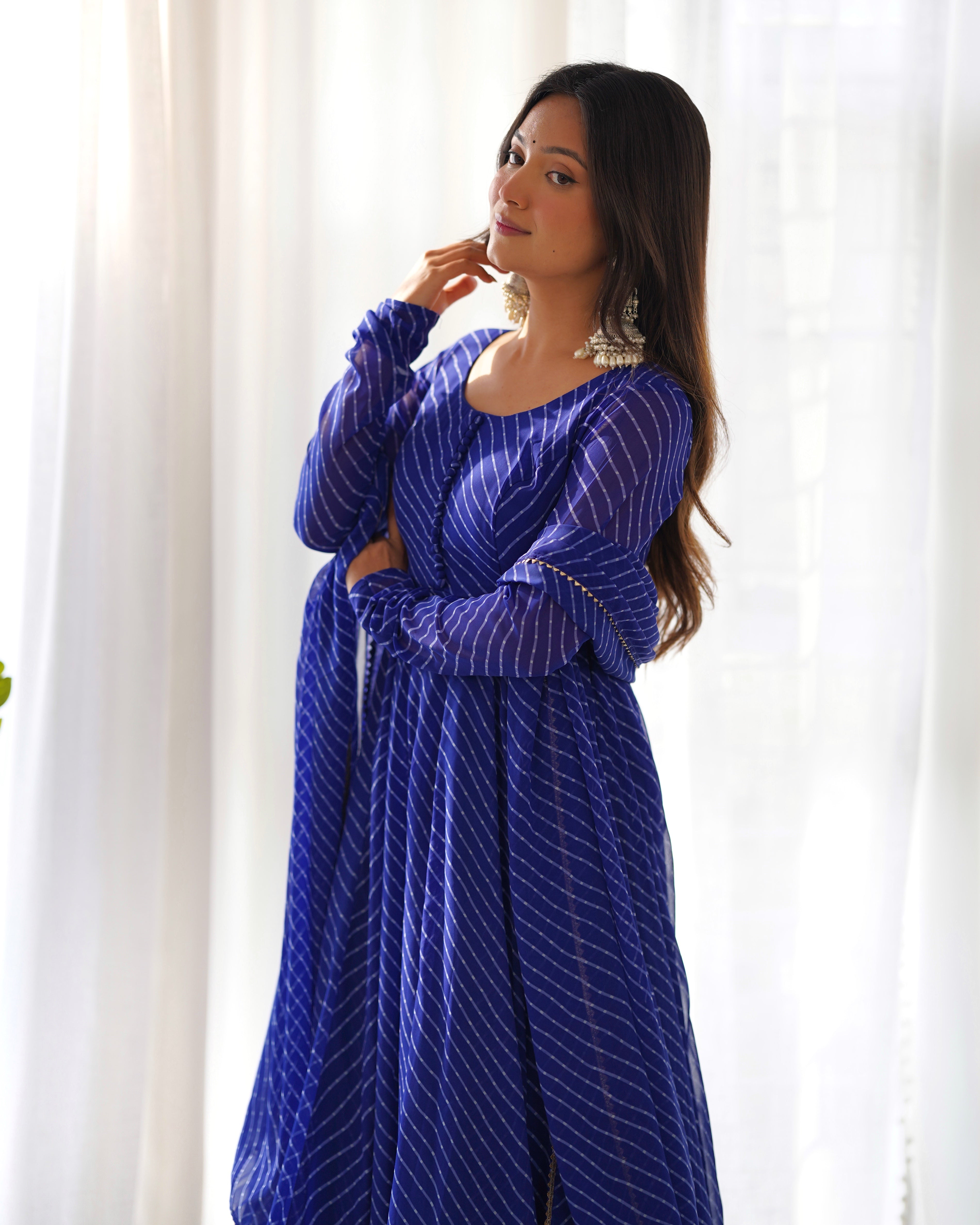 Royal Blue Pure Soft Fox Georgette Anarkali Suit Set With Huge Flair, Dupatta & Pant
