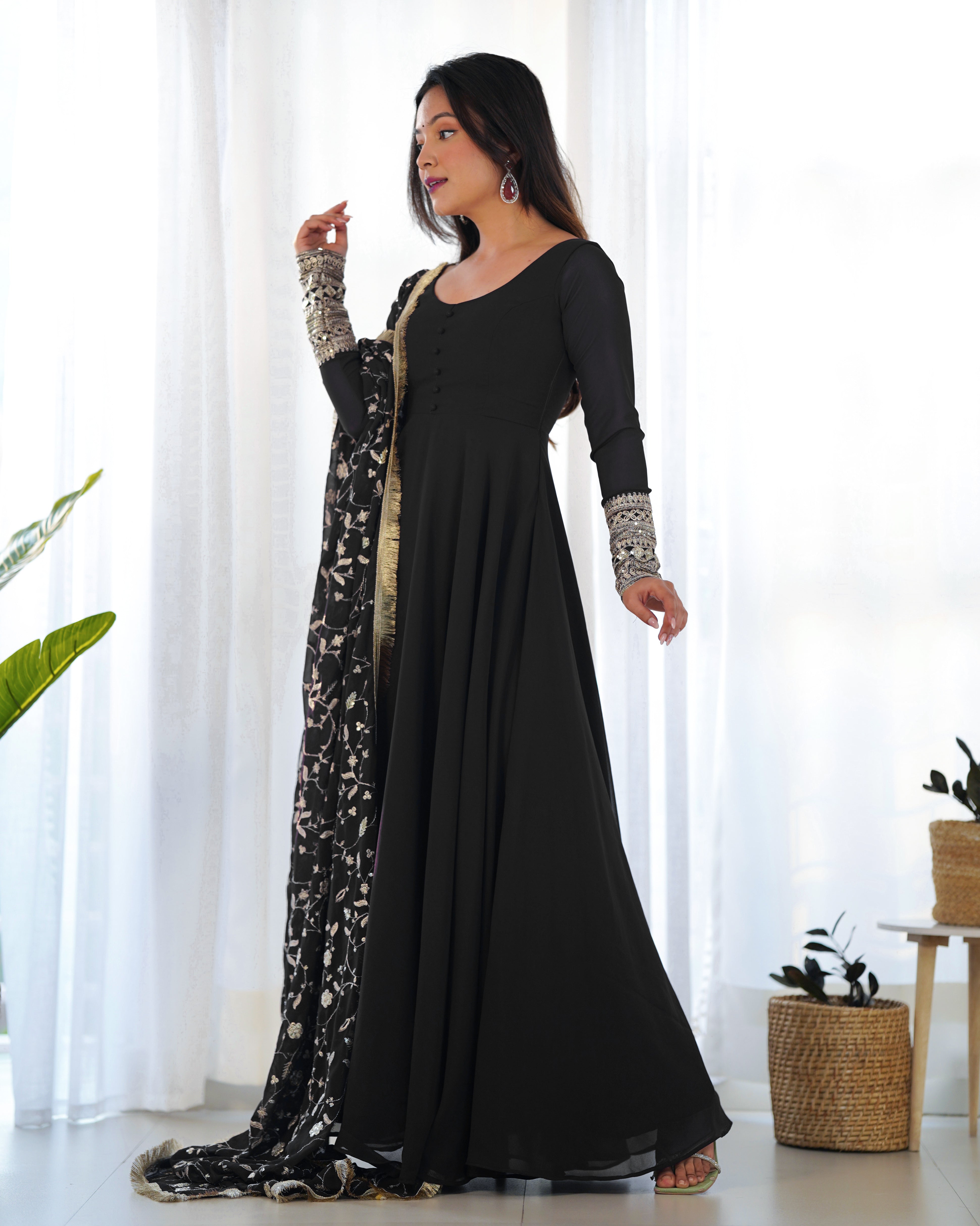 Black Pure Soft Fox Georgette Anarkali Suit Set With Huge Flair, Dupatta & Pant