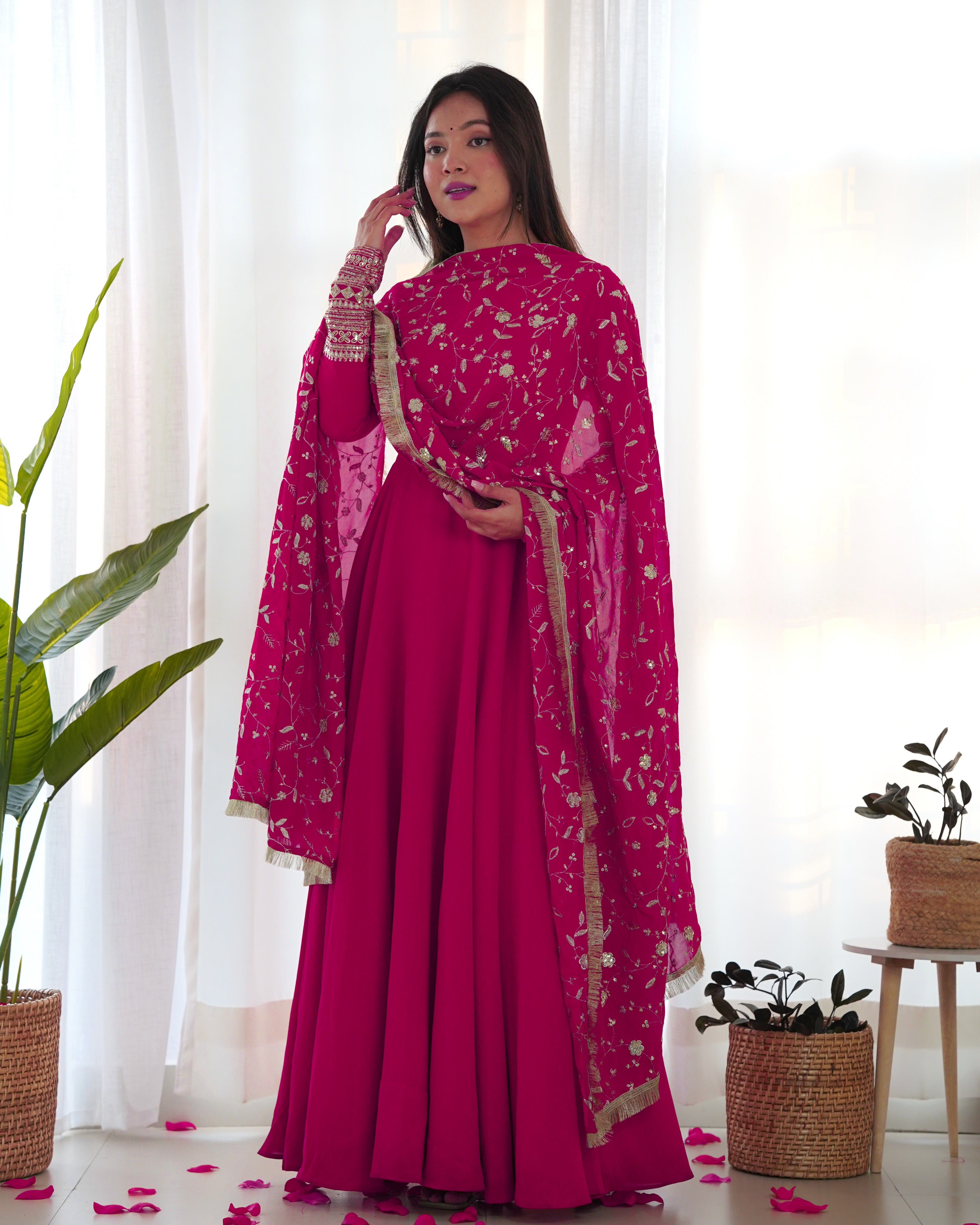 Rani Pink Pure Soft Fox Georgette Anarkali Suit Set With Huge Flair, Dupatta & Pant