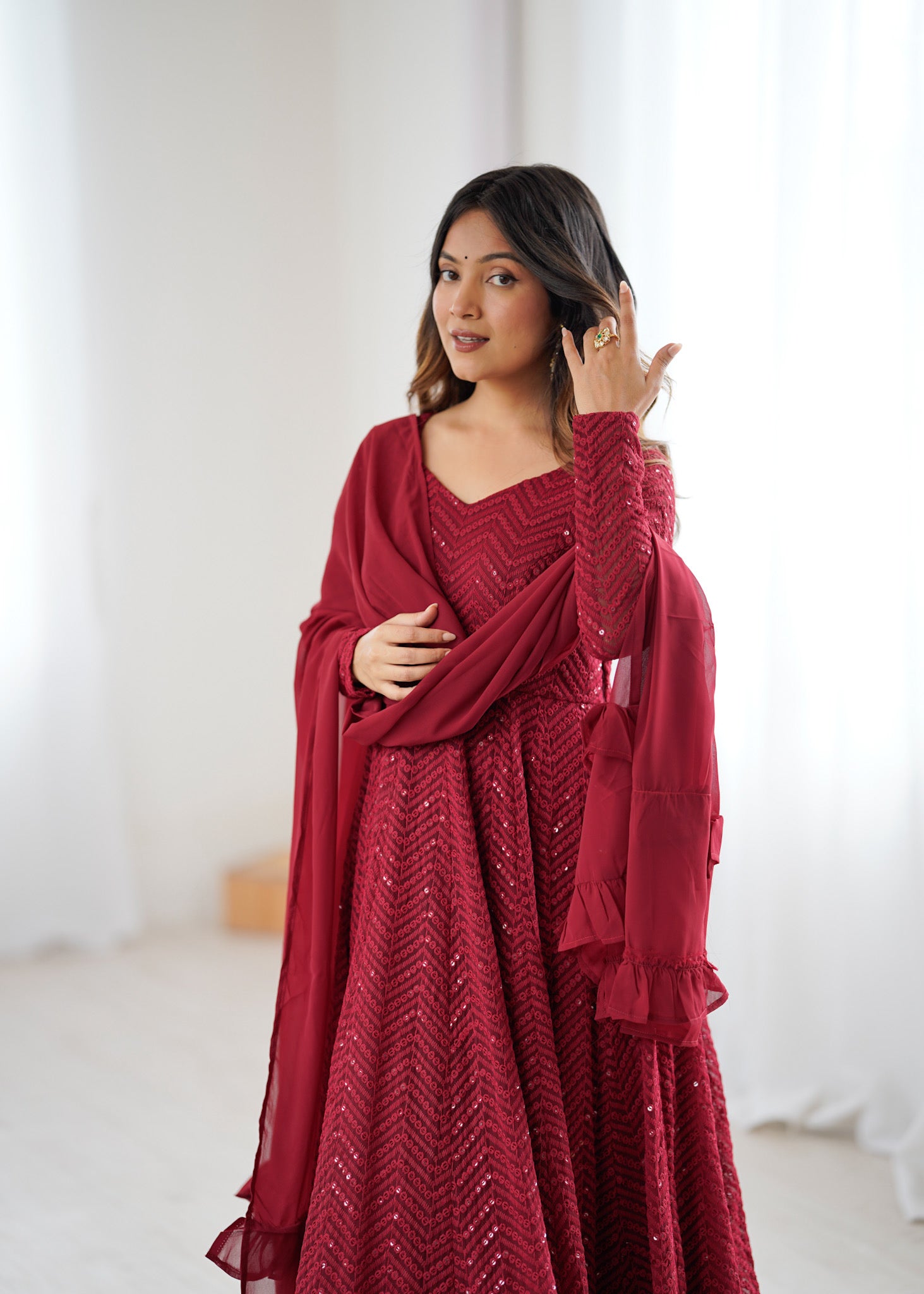 Maroon Pure Soft Fox Georgette Anarkali Suit Set With Huge Flair, Dupatta & Pant