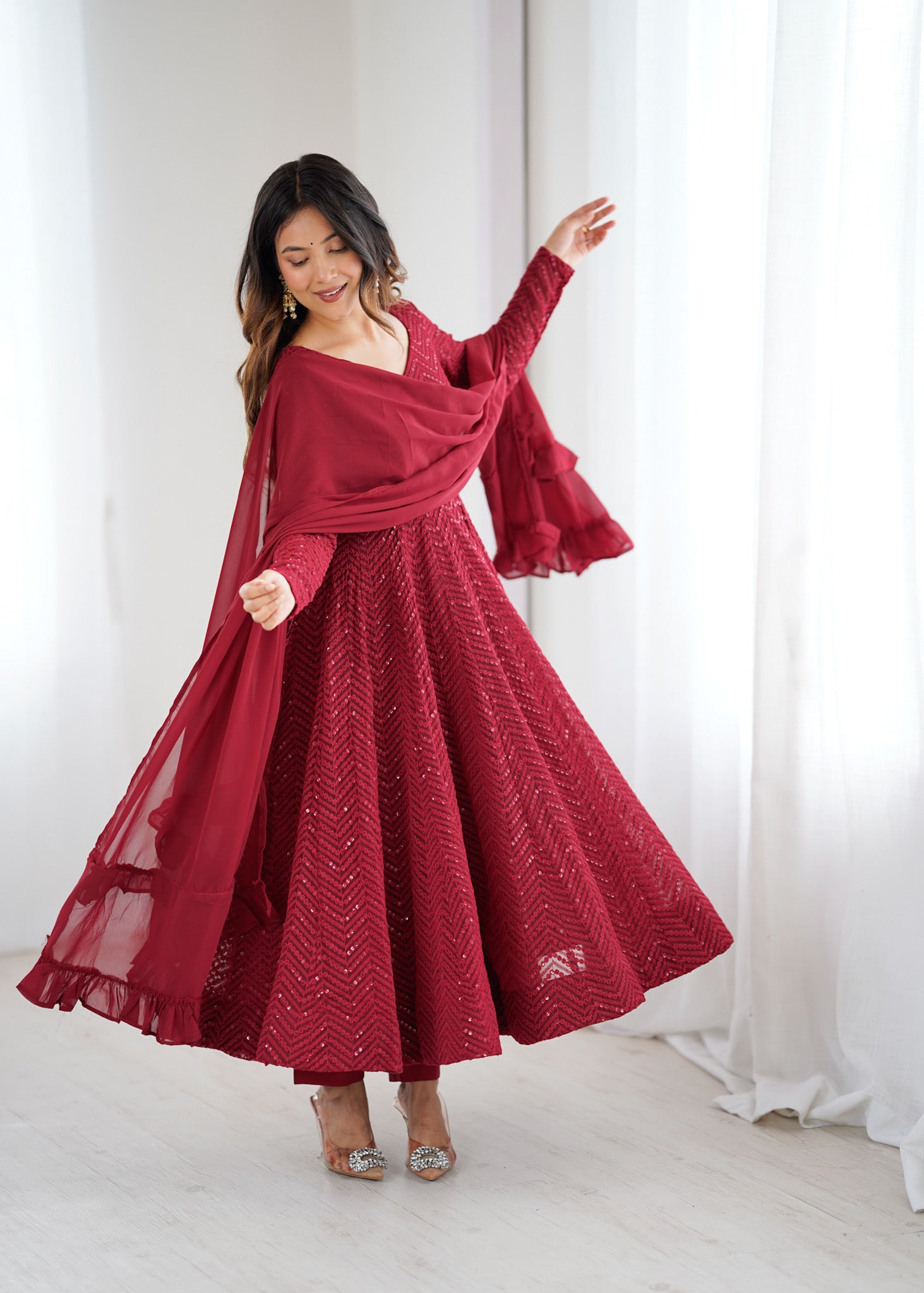 Maroon Pure Soft Fox Georgette Anarkali Suit Set With Huge Flair, Dupatta & Pant