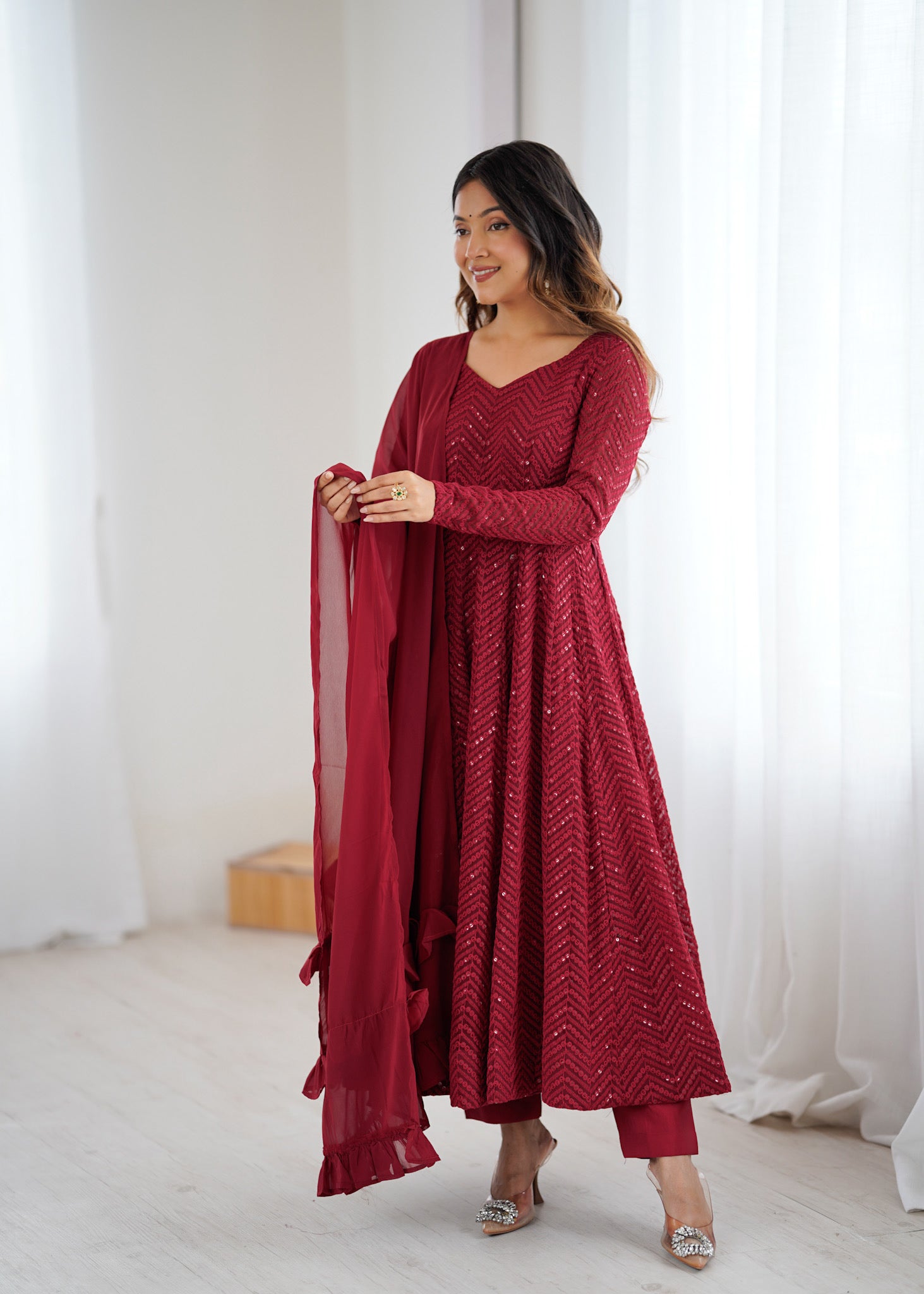 Maroon Pure Soft Fox Georgette Anarkali Suit Set With Huge Flair, Dupatta & Pant