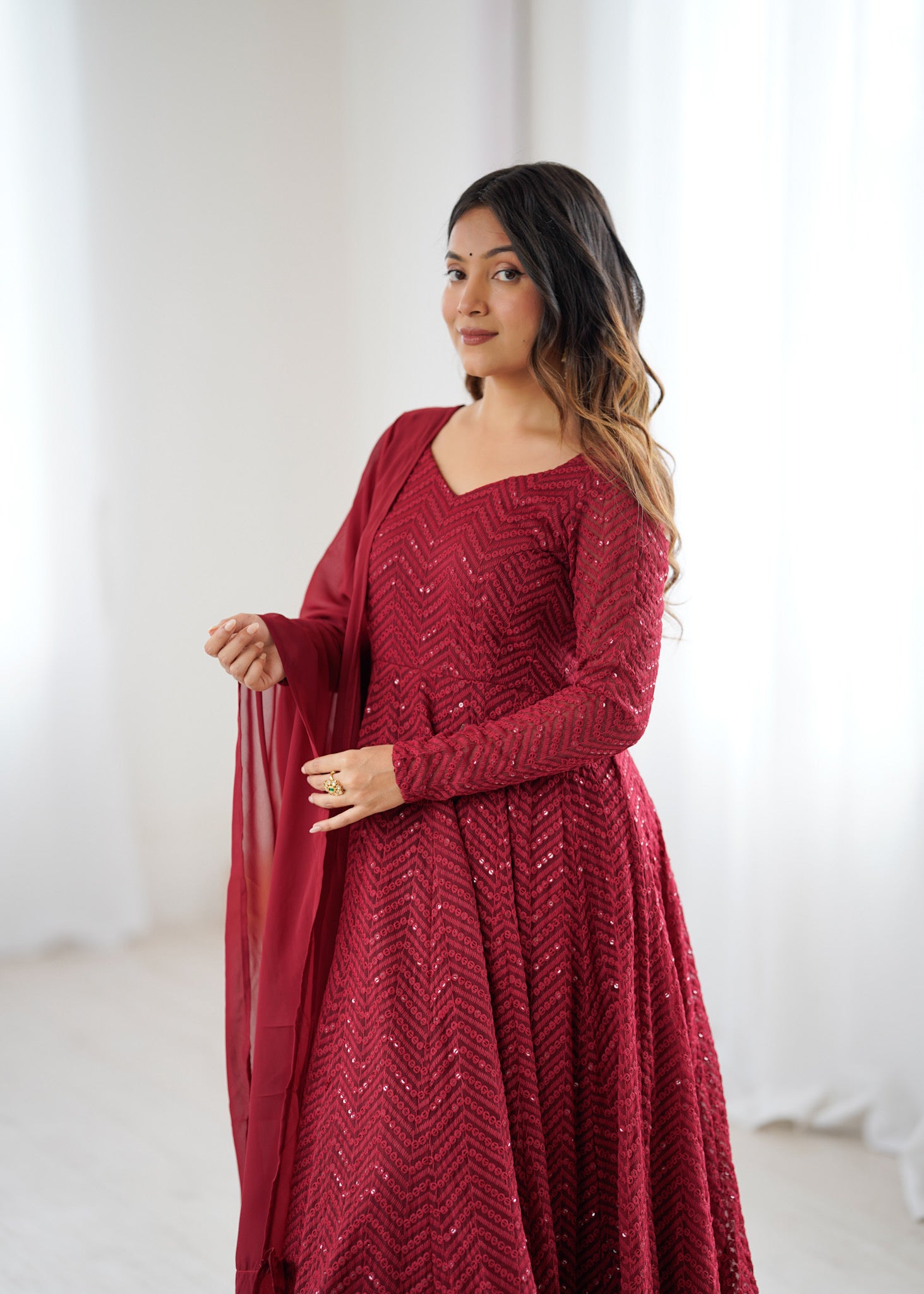 Maroon Pure Soft Fox Georgette Anarkali Suit Set With Huge Flair, Dupatta & Pant