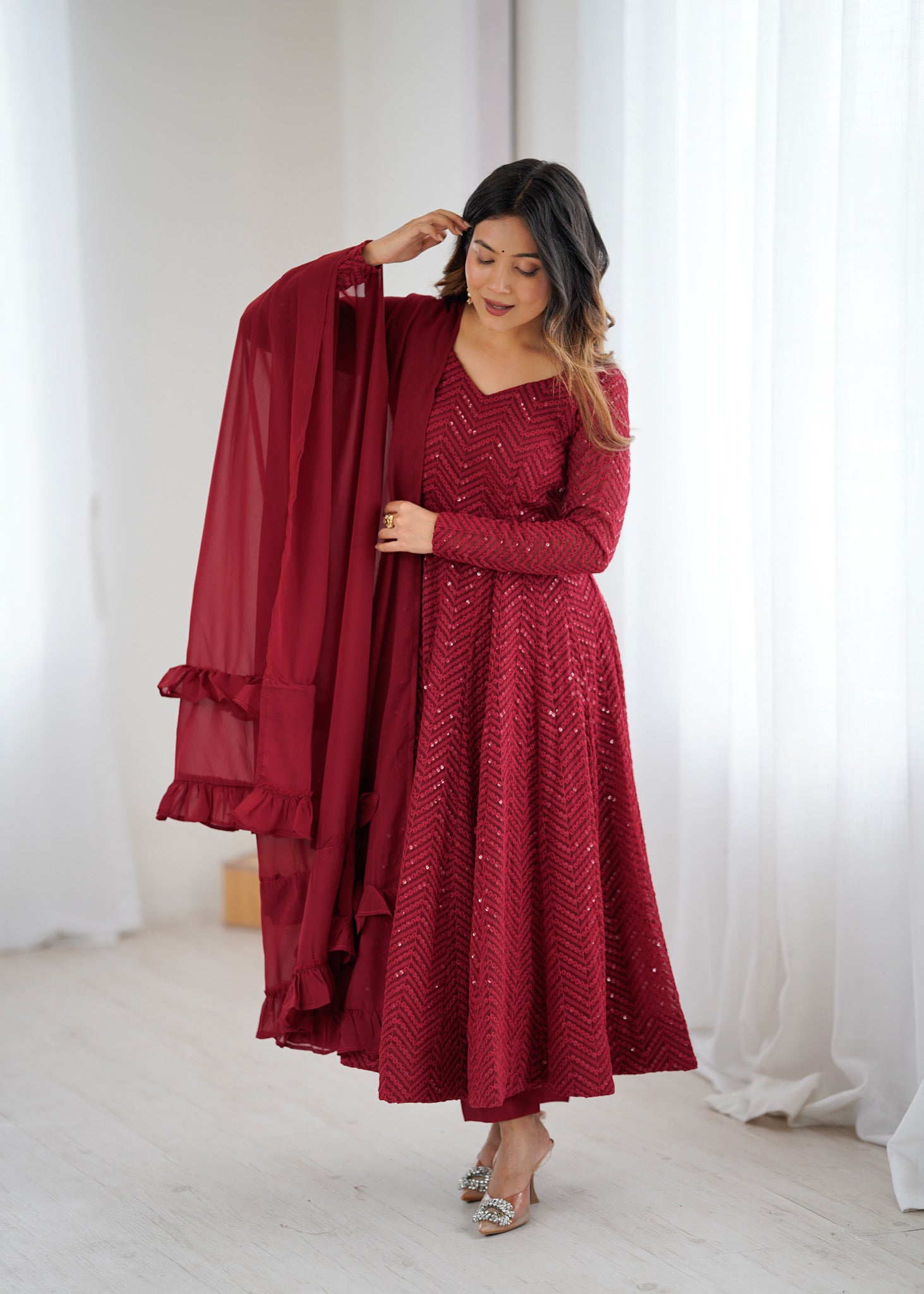 Maroon Pure Soft Fox Georgette Anarkali Suit Set With Huge Flair, Dupatta & Pant