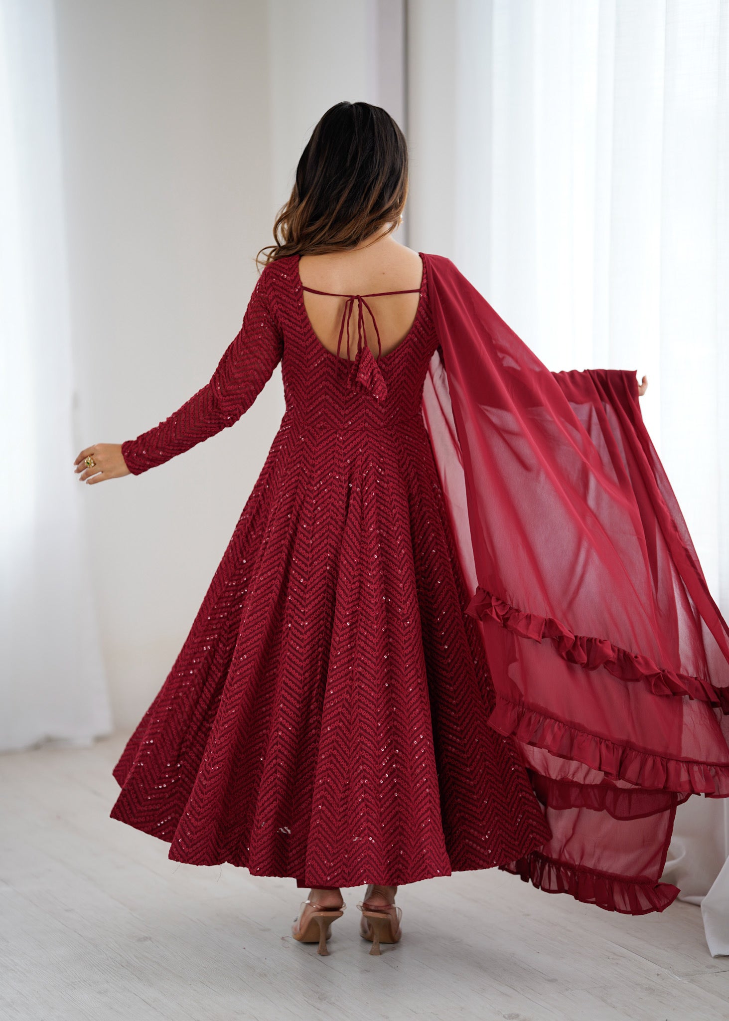 Maroon Pure Soft Fox Georgette Anarkali Suit Set With Huge Flair, Dupatta & Pant