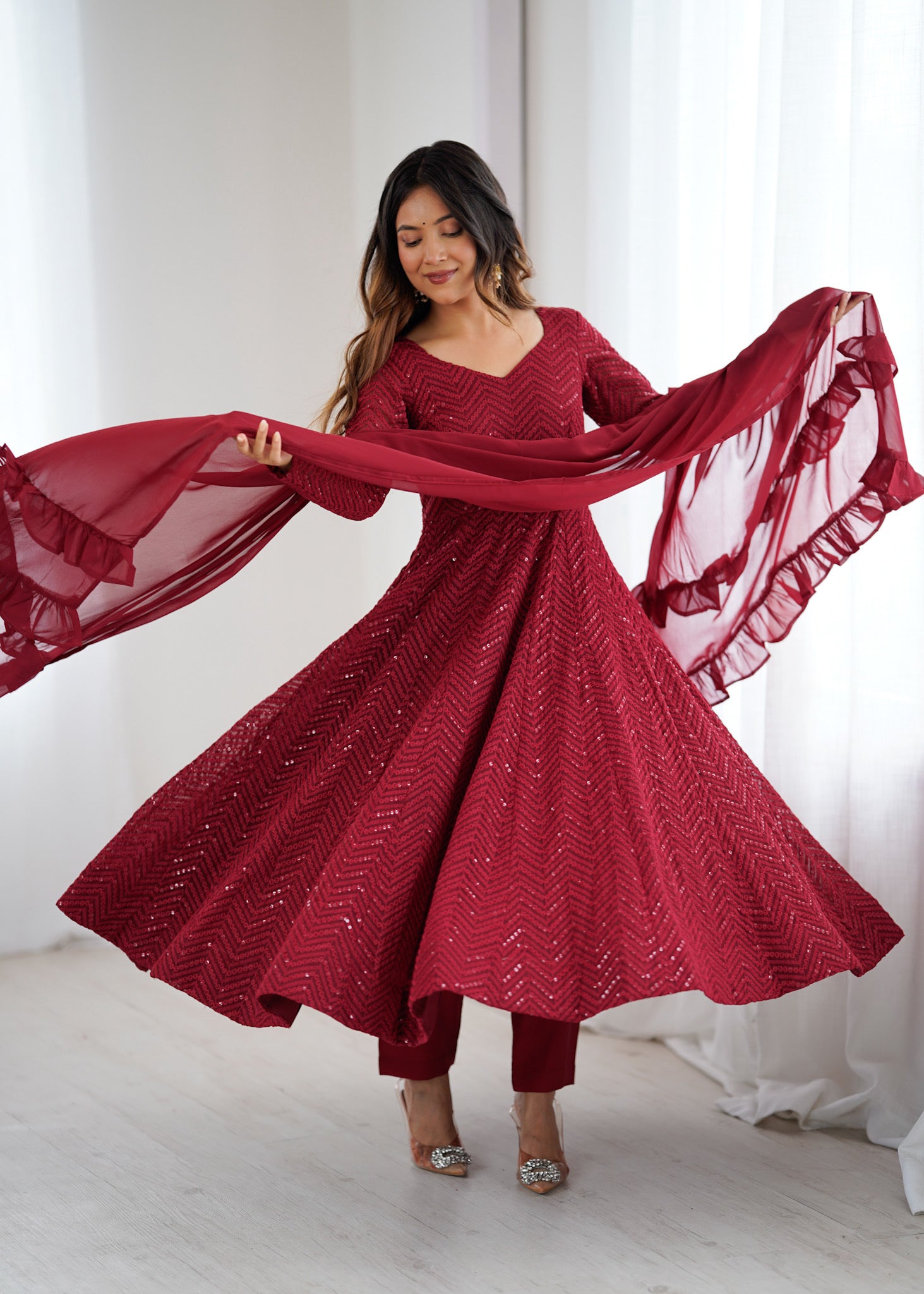 Maroon Pure Soft Fox Georgette Anarkali Suit Set With Huge Flair, Dupatta & Pant