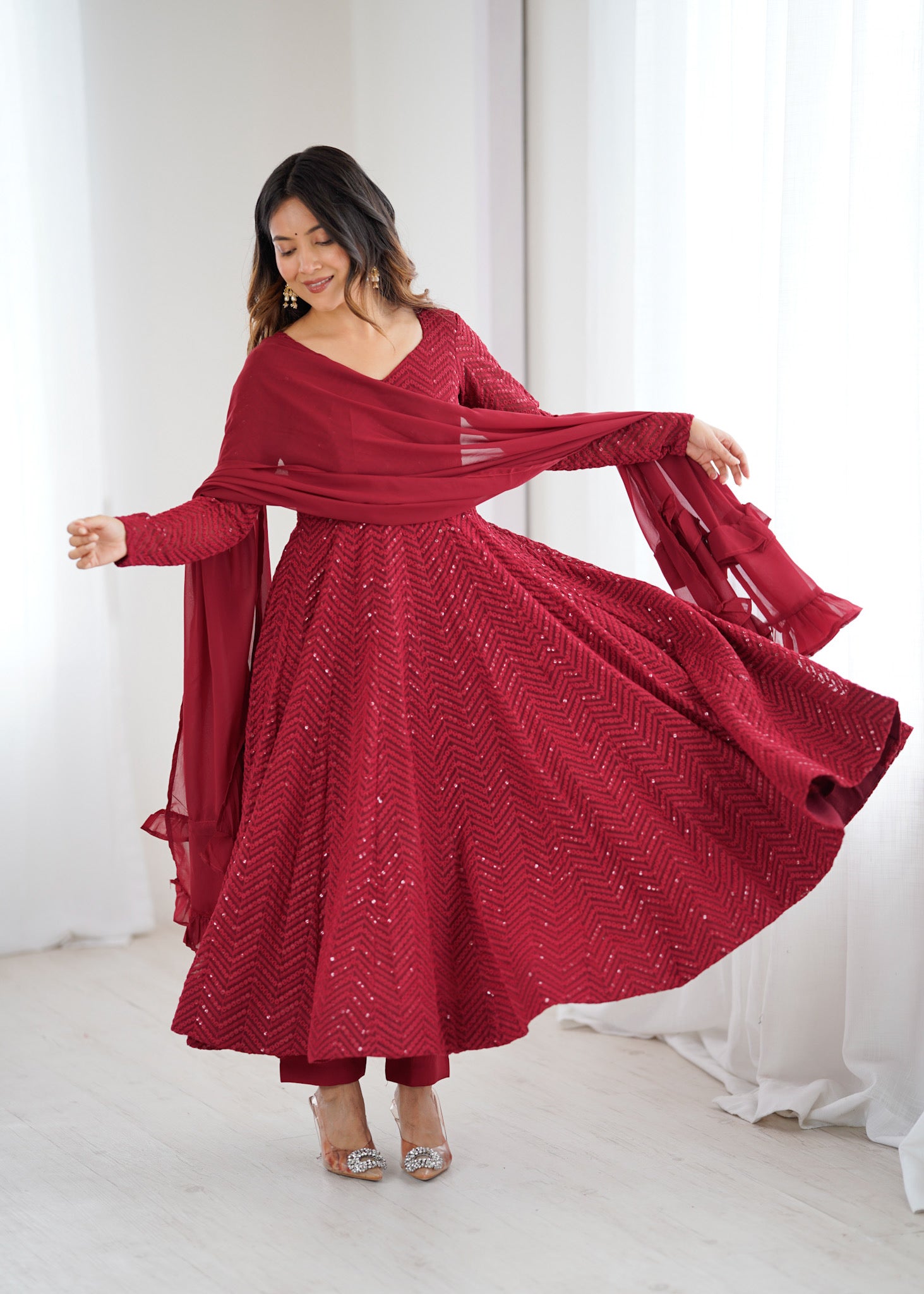 Maroon Pure Soft Fox Georgette Anarkali Suit Set With Huge Flair, Dupatta & Pant