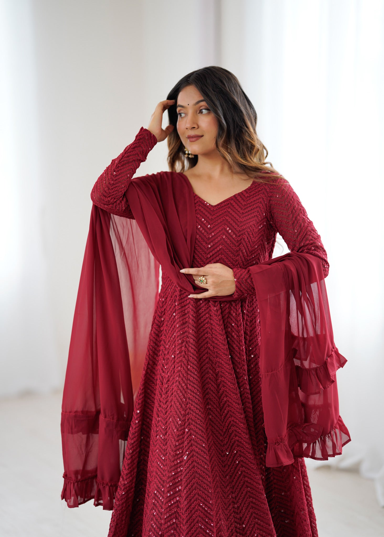 Maroon Pure Soft Fox Georgette Anarkali Suit Set With Huge Flair, Dupatta & Pant