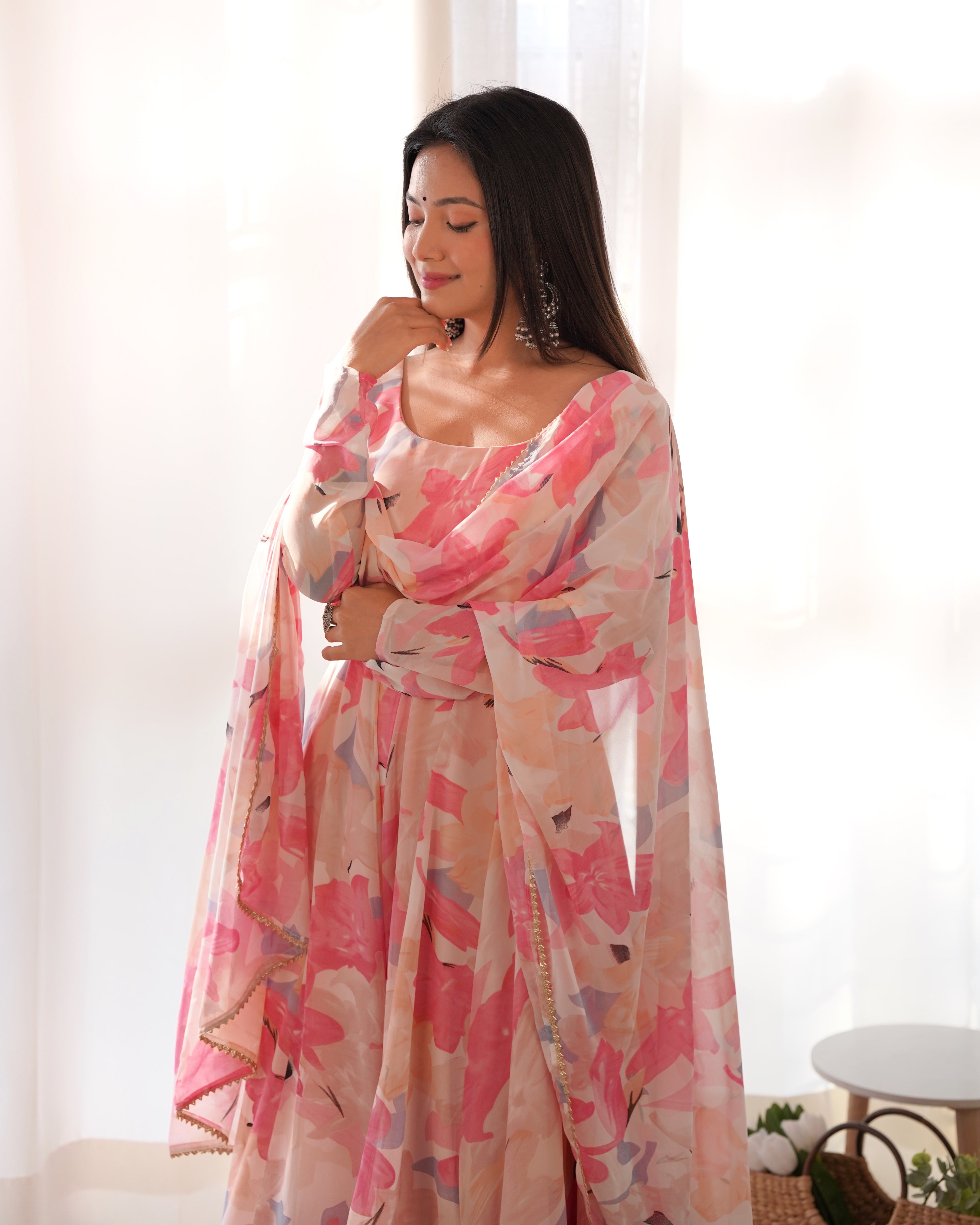 Multi Floral Pure Soft Fox Georgette Anarkali Suit Set With Huge Flair, Dupatta & Pant