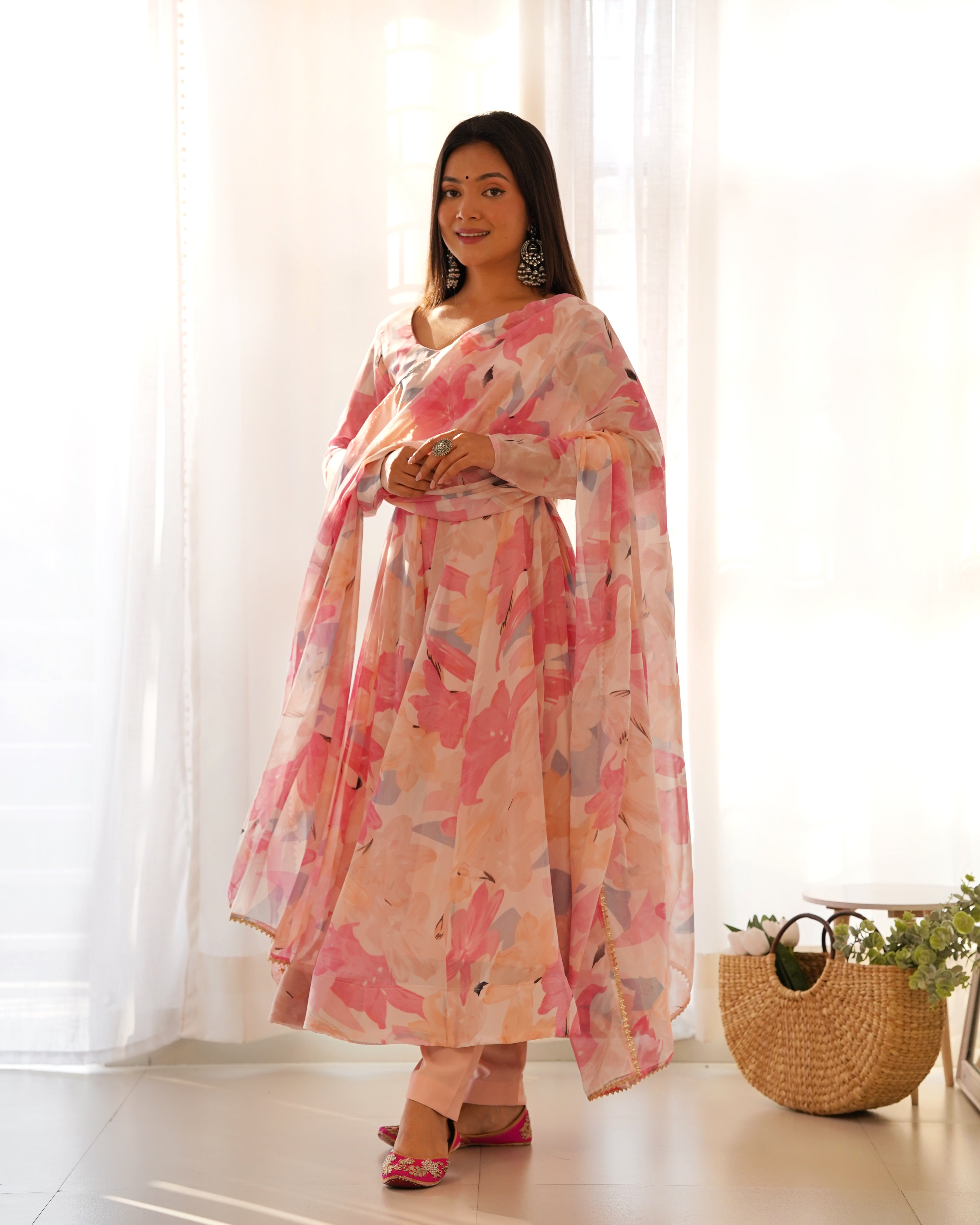 Multi Floral Pure Soft Fox Georgette Anarkali Suit Set With Huge Flair, Dupatta & Pant