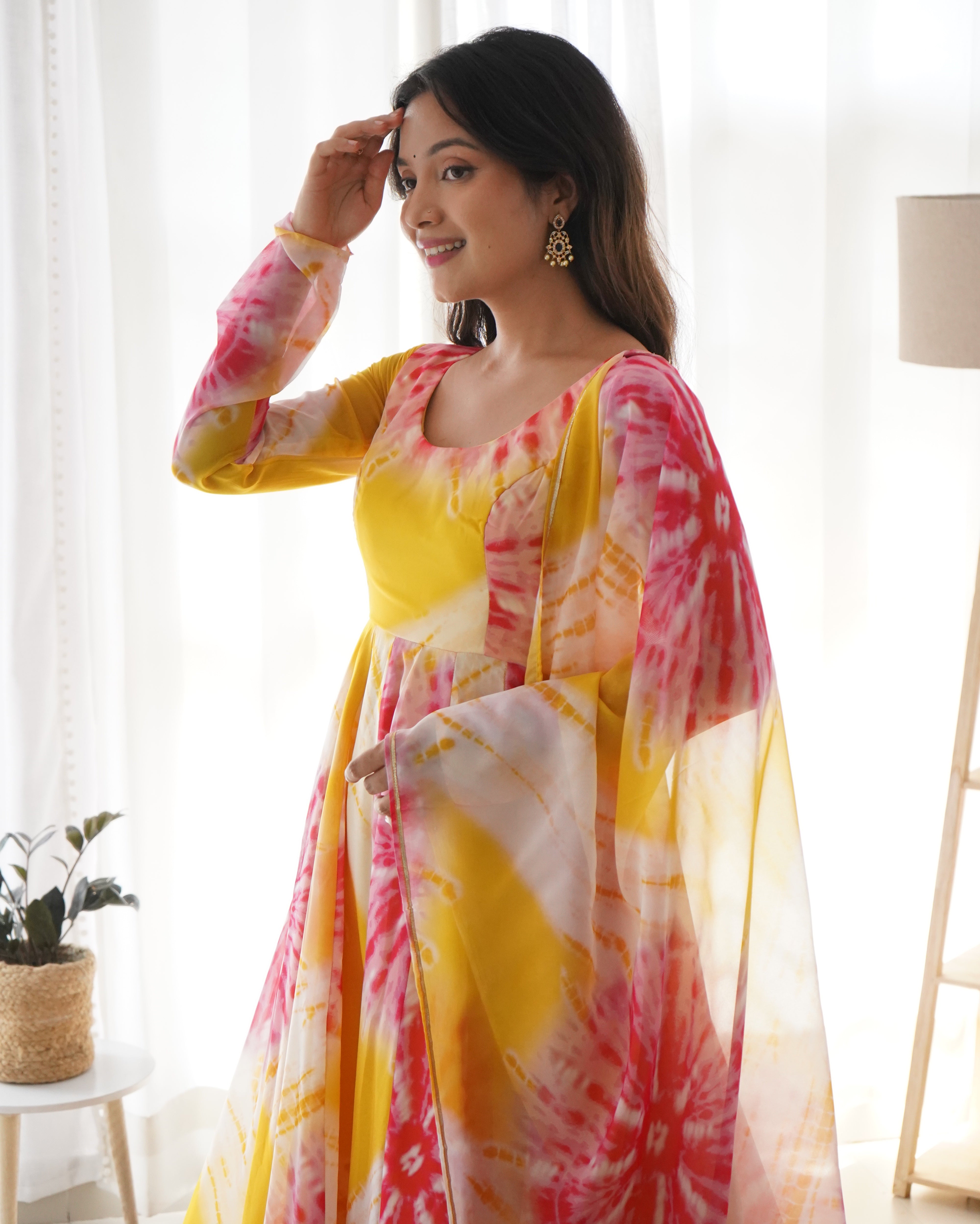 Yellow Pure Soft Organza Gown Set With Huge Flair, Dupatta & Pant