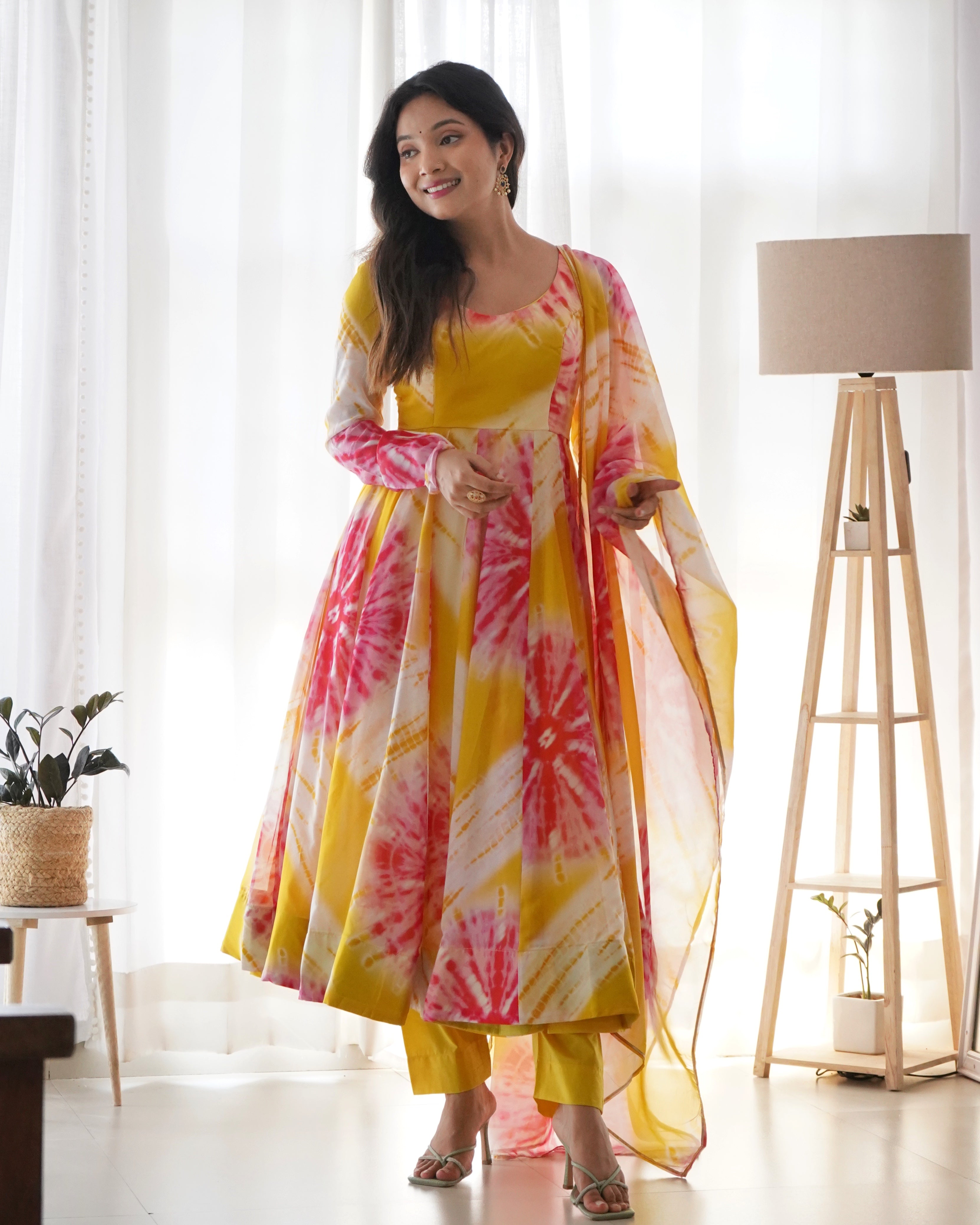 Yellow Pure Soft Organza Gown Set With Huge Flair, Dupatta & Pant