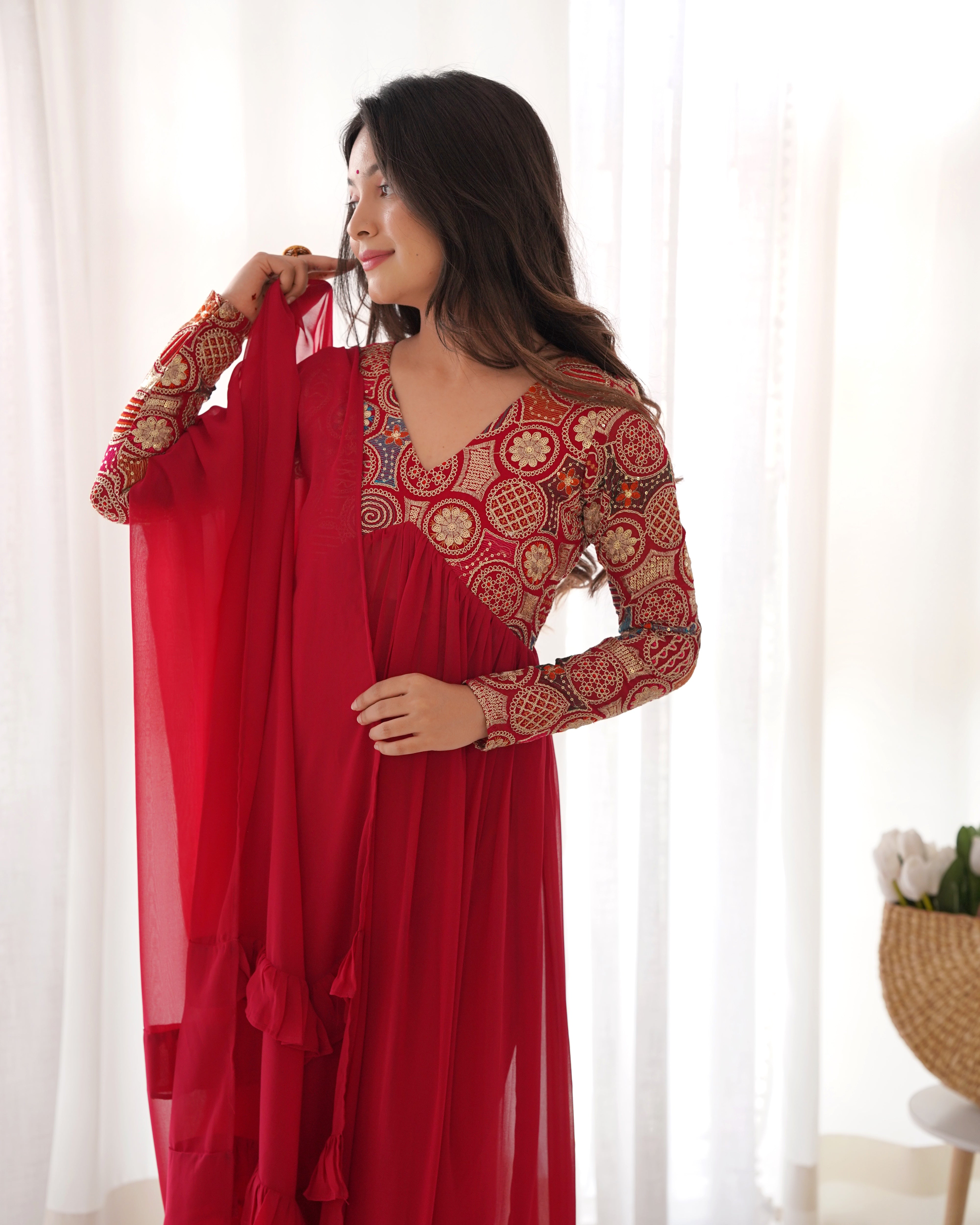 Maroon Pure Soft Fox Georgette Kurta Suit Set With Dupatta & Pant