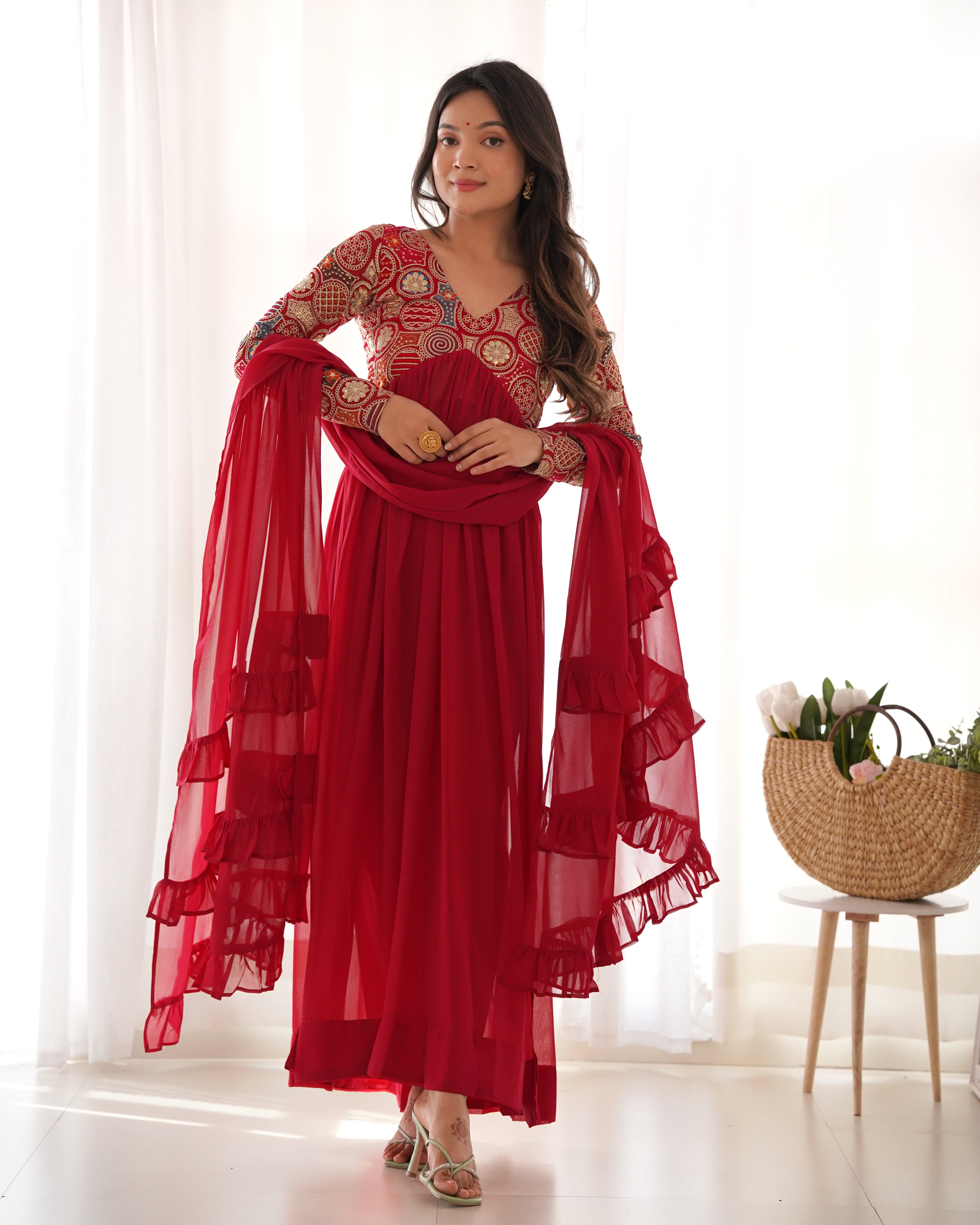Maroon Pure Soft Fox Georgette Kurta Suit Set With Dupatta & Pant