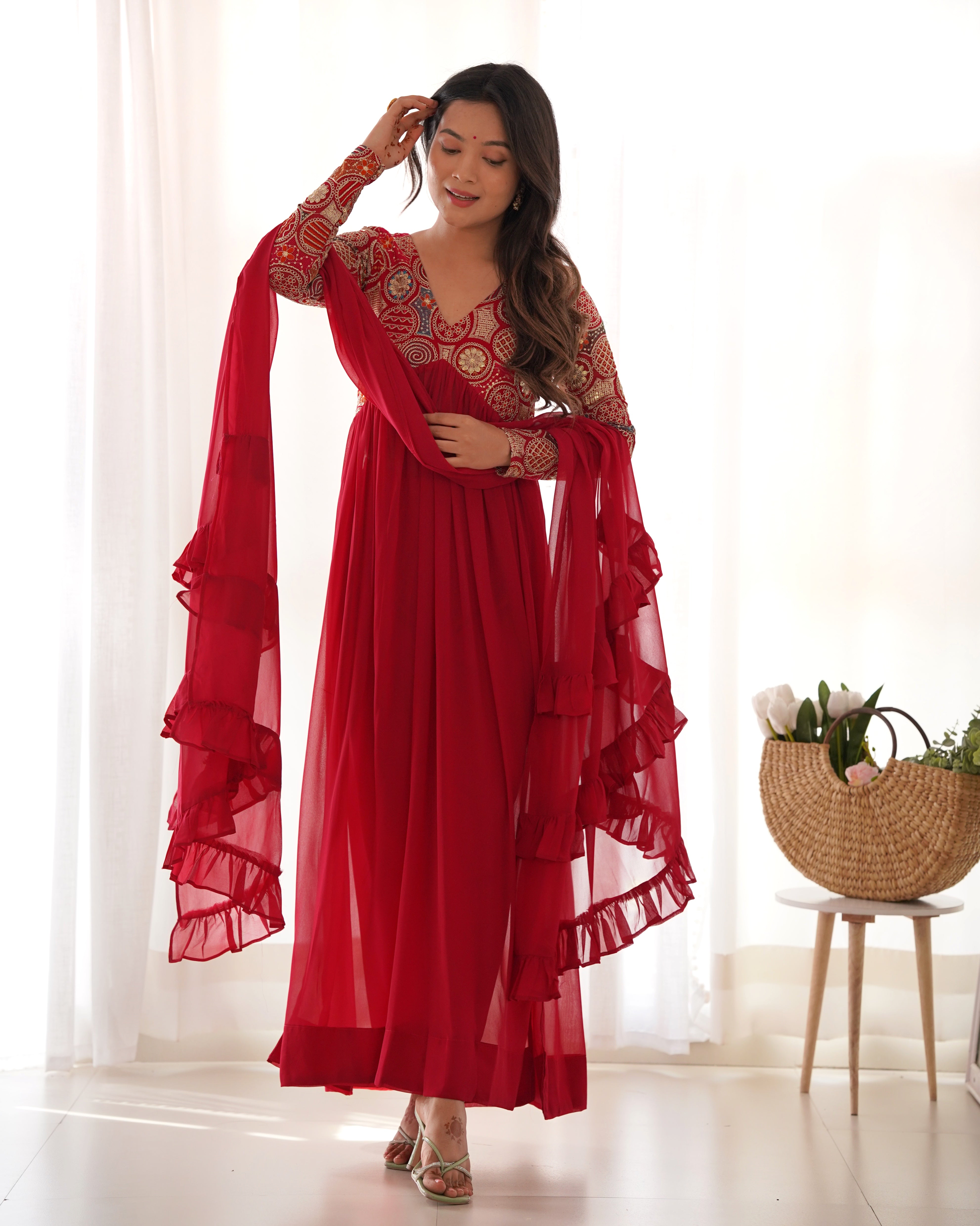 Maroon Pure Soft Fox Georgette Kurta Suit Set With Dupatta & Pant