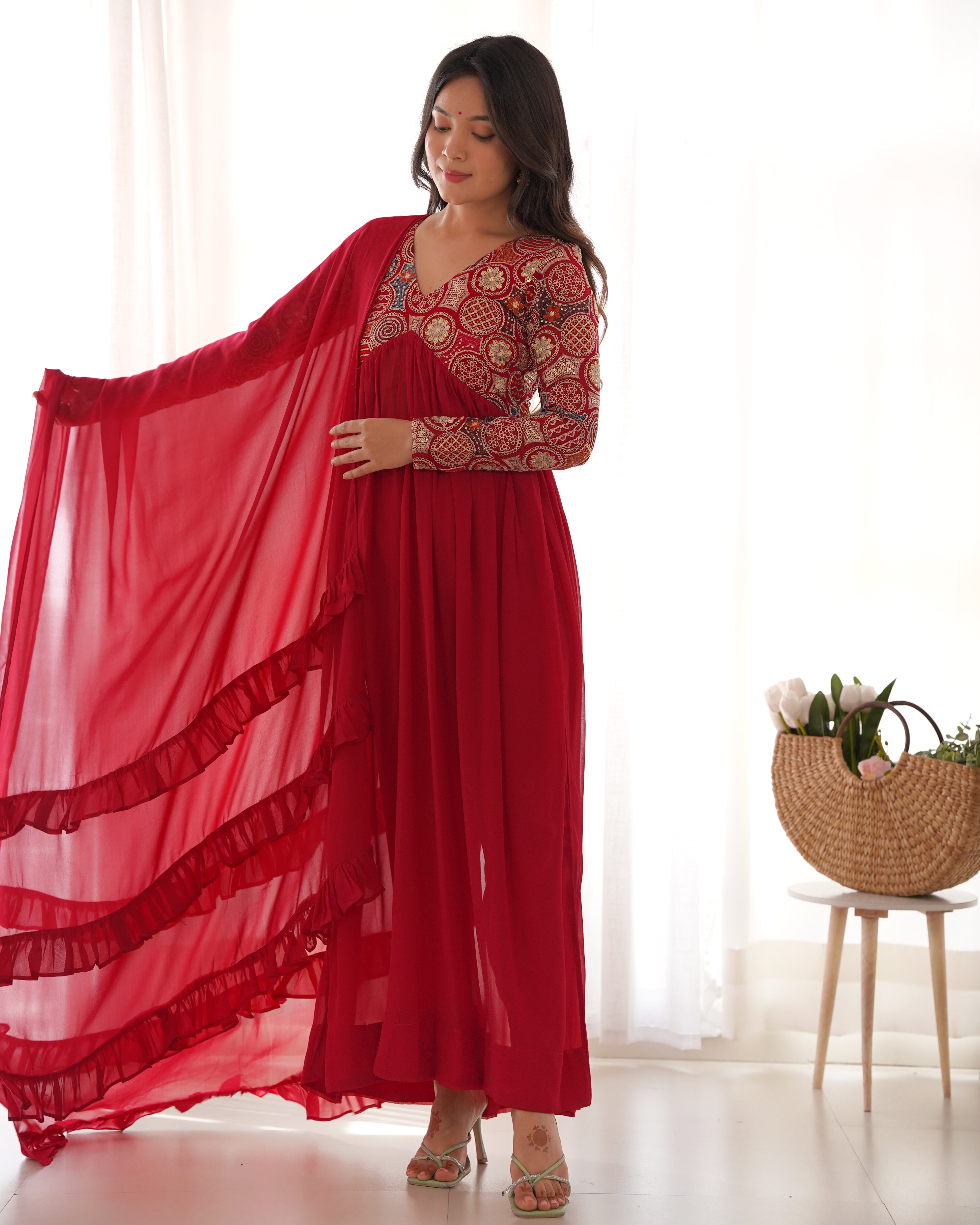 Maroon Pure Soft Fox Georgette Kurta Suit Set With Dupatta & Pant