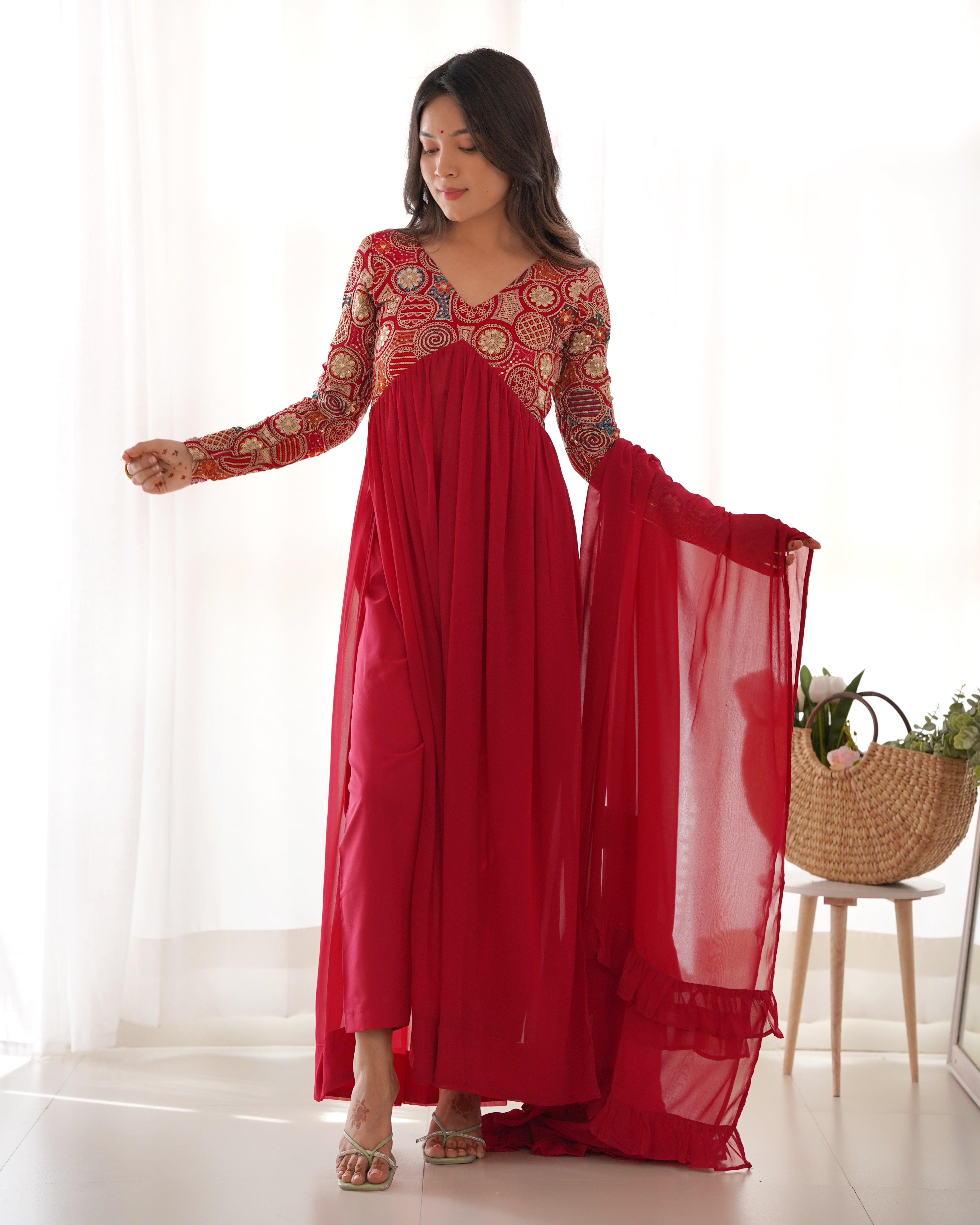 Maroon Pure Soft Fox Georgette Kurta Suit Set With Dupatta & Pant