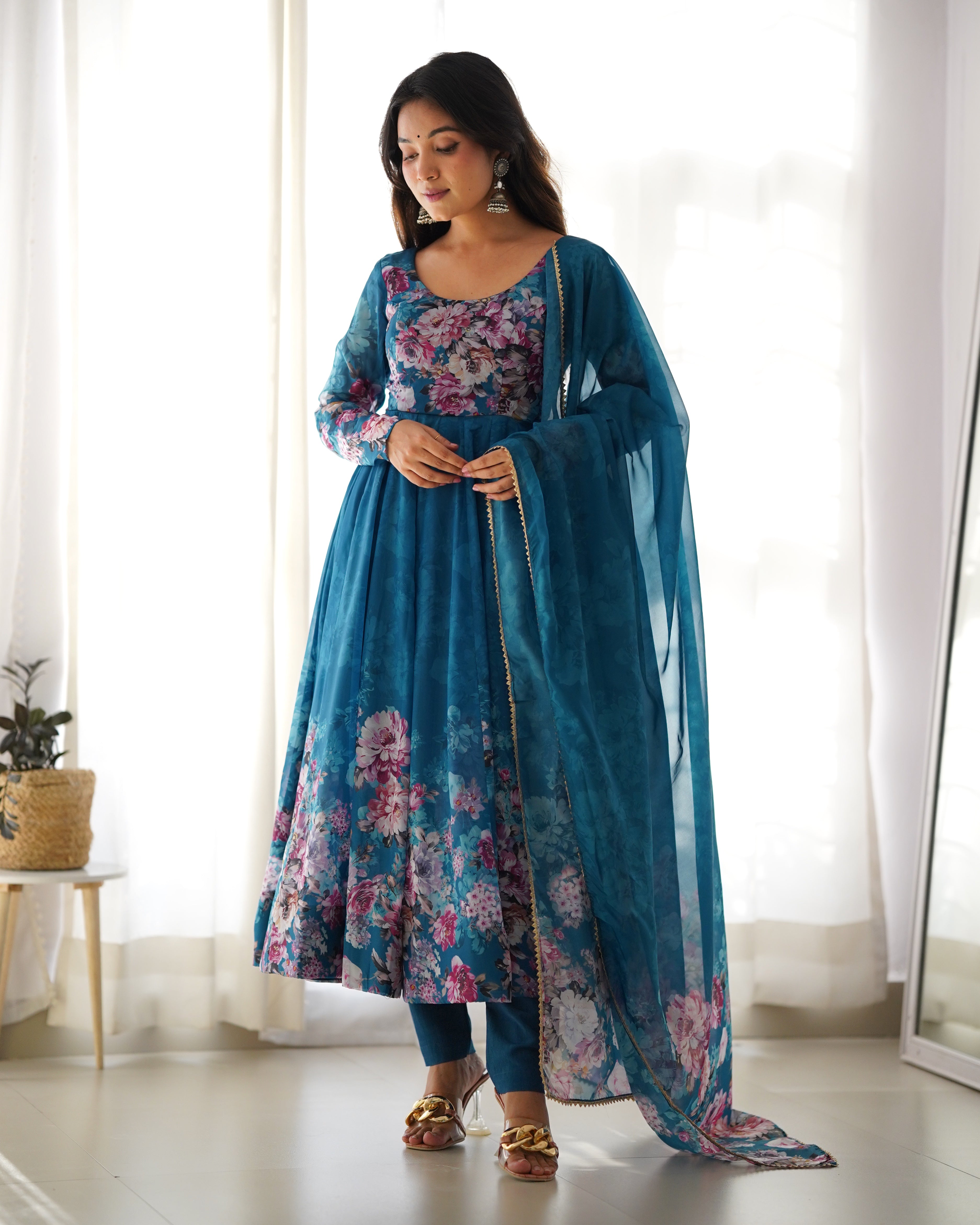 Rama Pure Soft Organza Anarkali Suit Set With Huge Flair, Dupatta & Pant