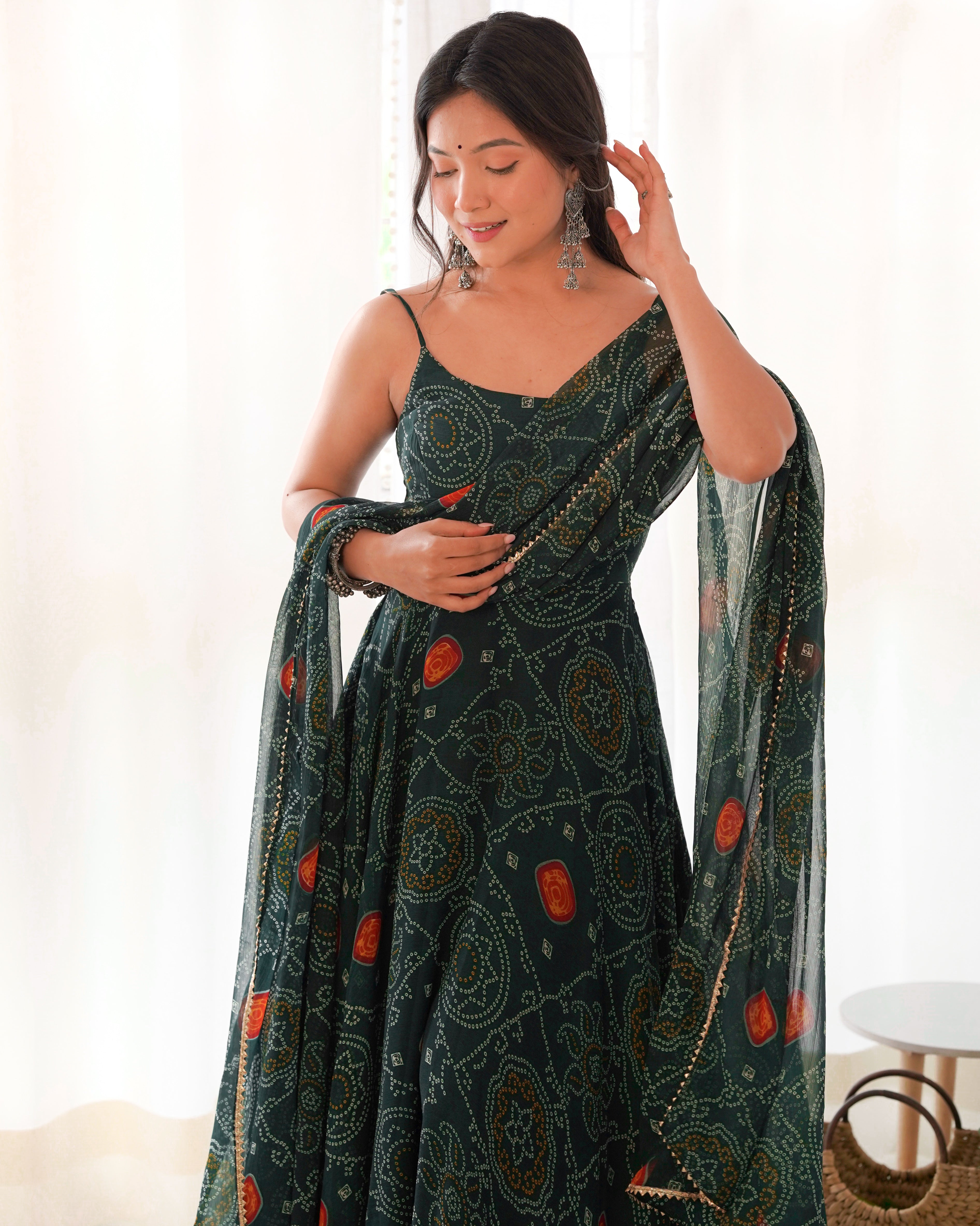 Dark Green Pure Soft Lightweight Chiffon Bandhej Anarkali Suit Set With Huge Flair, Dupatta & Pant