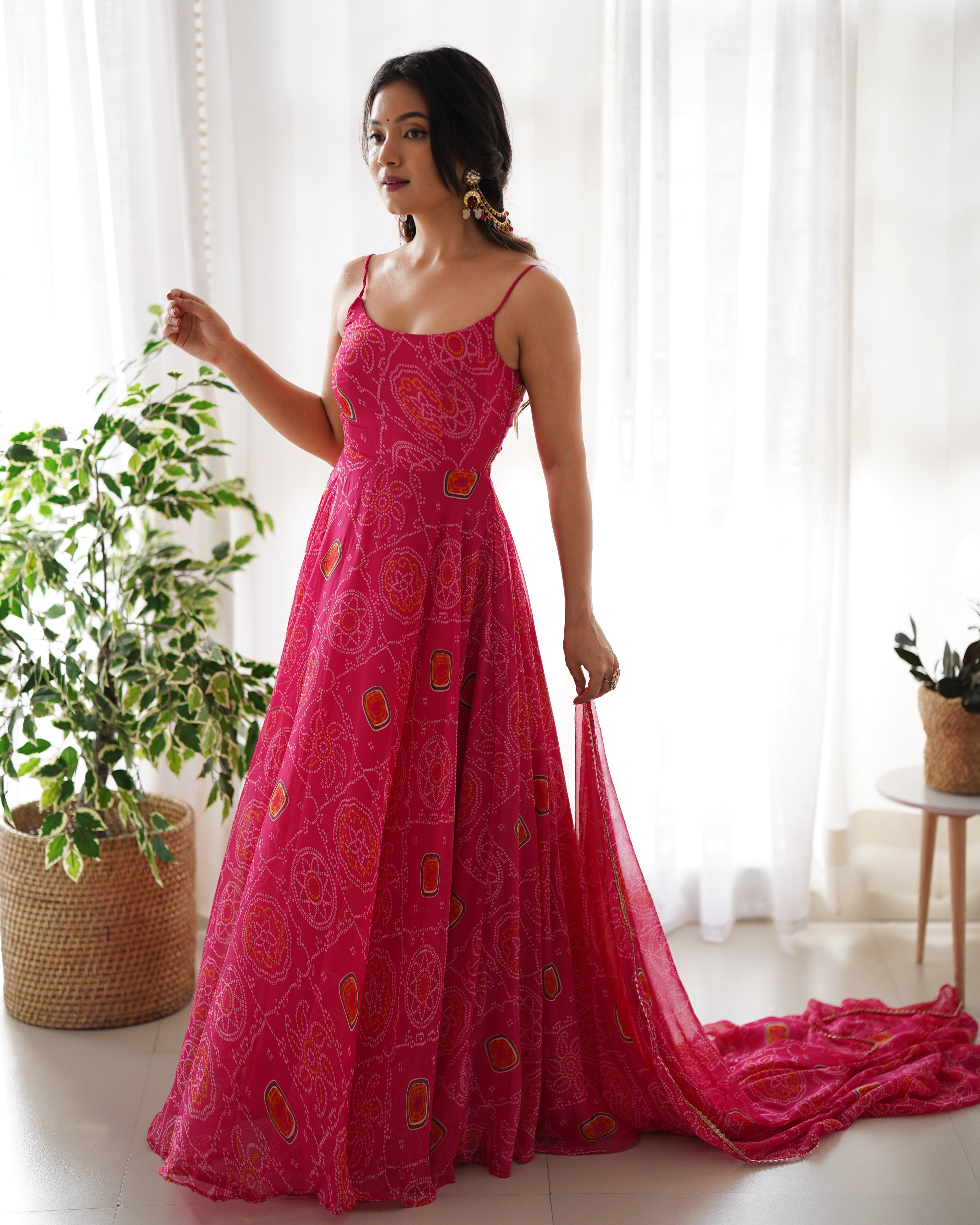 Pink Pure Soft Lightweight Chiffon Bandhej Anarkali Suit Set With Huge Flair, Dupatta & Pant