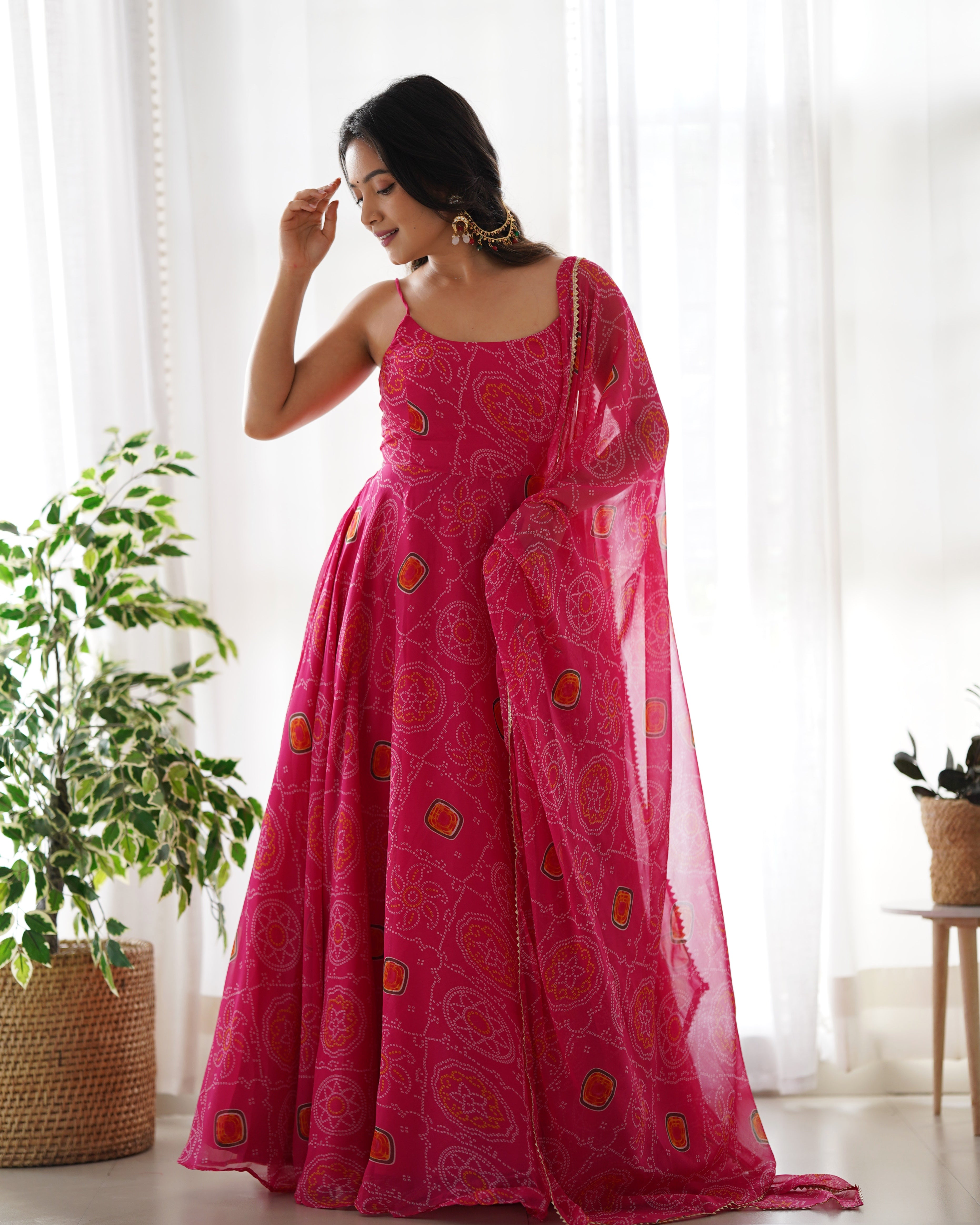 Pink Pure Soft Lightweight Chiffon Bandhej Anarkali Suit Set With Huge Flair, Dupatta & Pant