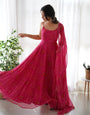 Pink Pure Soft Lightweight Chiffon Bandhej Anarkali Suit Set With Huge Flair, Dupatta & Pant