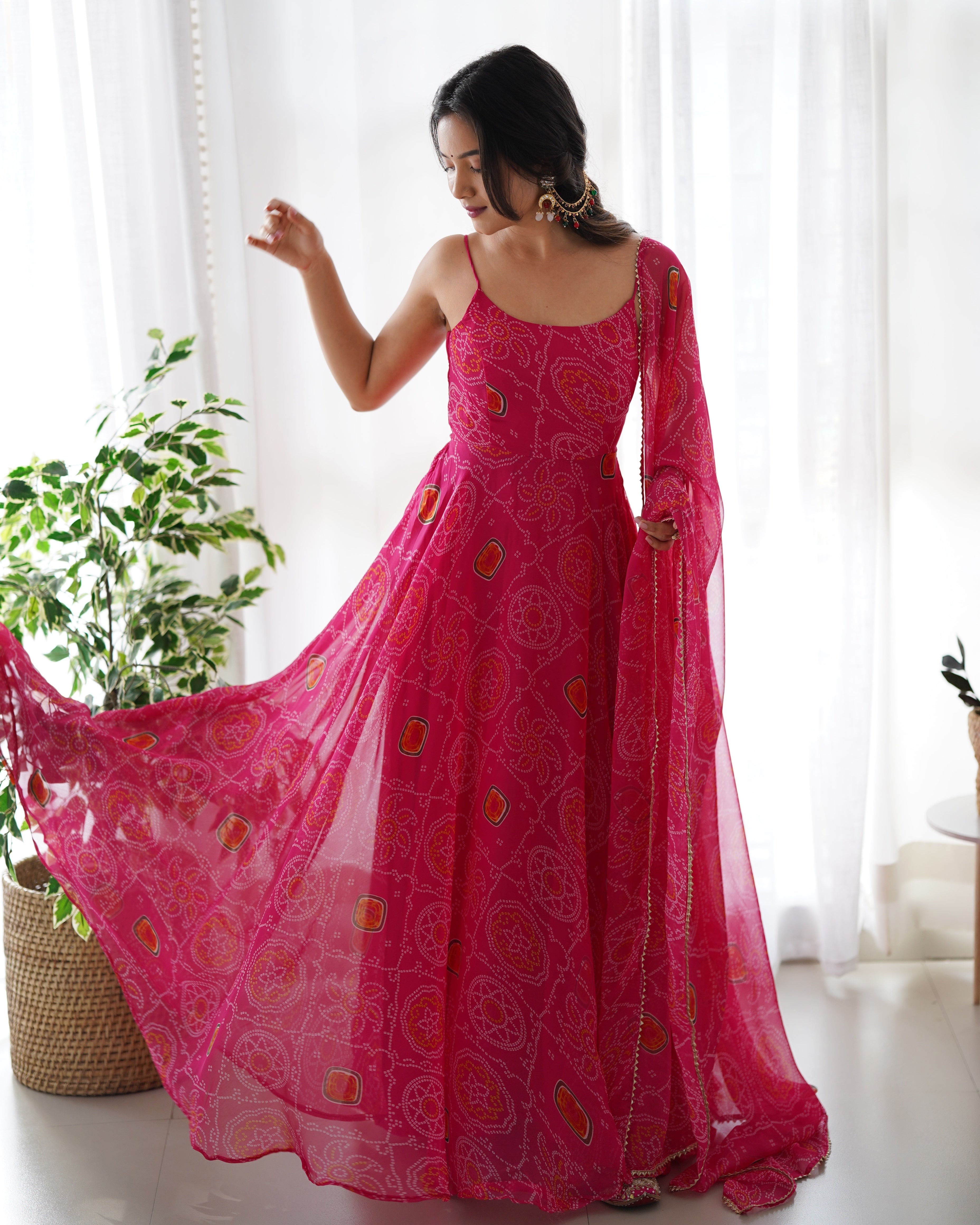 Pink Pure Soft Lightweight Chiffon Bandhej Anarkali Suit Set With Huge Flair, Dupatta & Pant