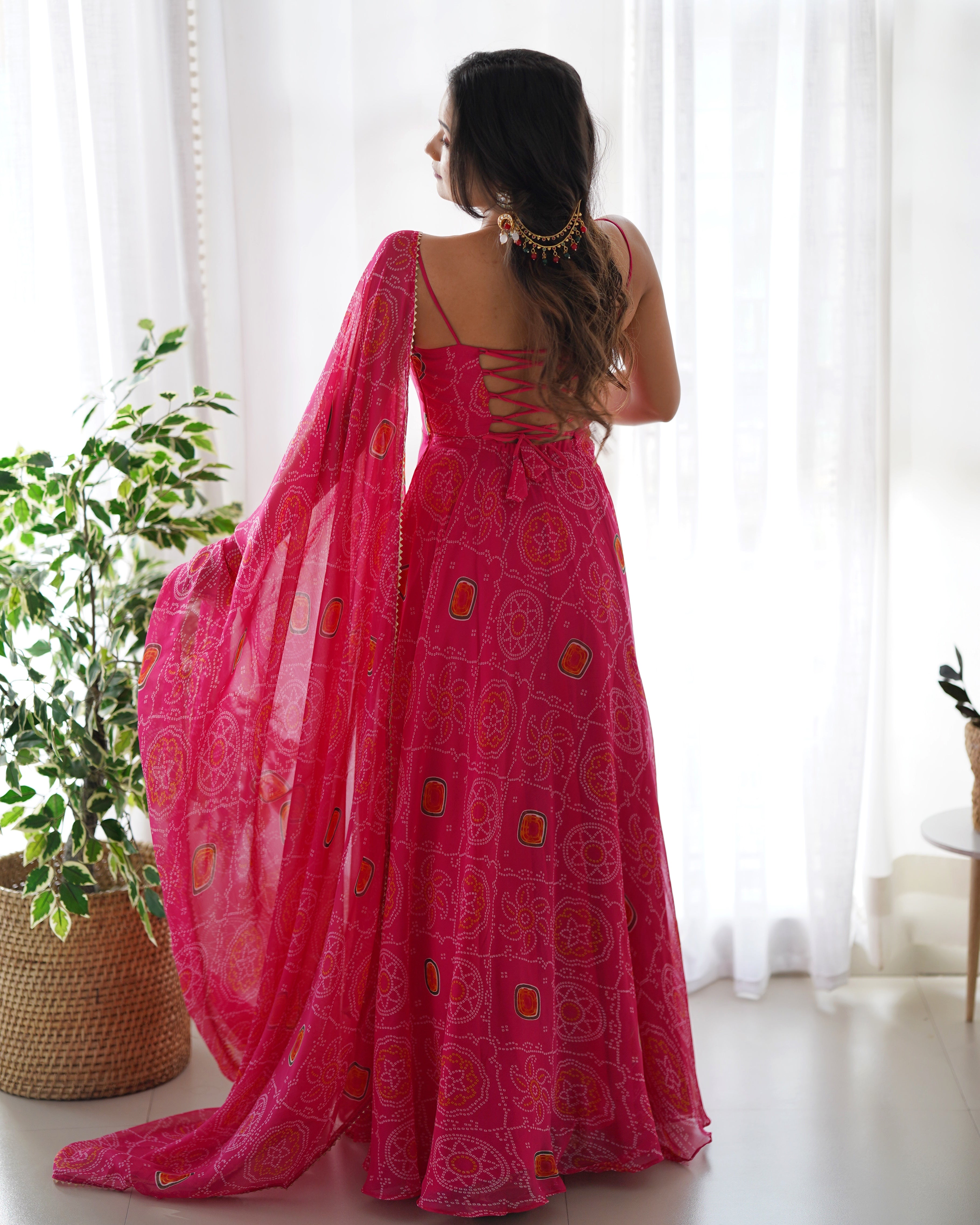 Pink Pure Soft Lightweight Chiffon Bandhej Anarkali Suit Set With Huge Flair, Dupatta & Pant