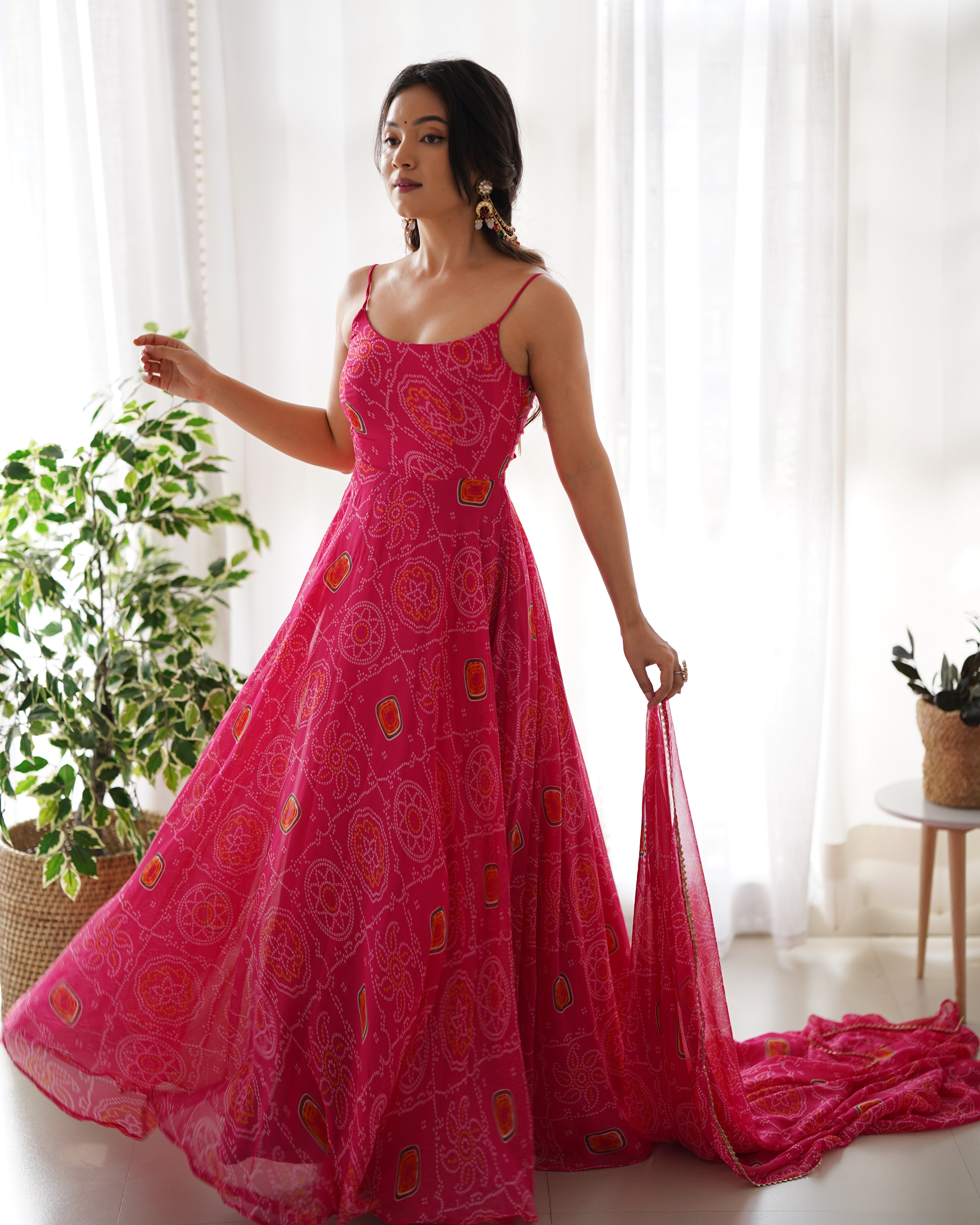 Pink Pure Soft Lightweight Chiffon Bandhej Anarkali Suit Set With Huge Flair, Dupatta & Pant