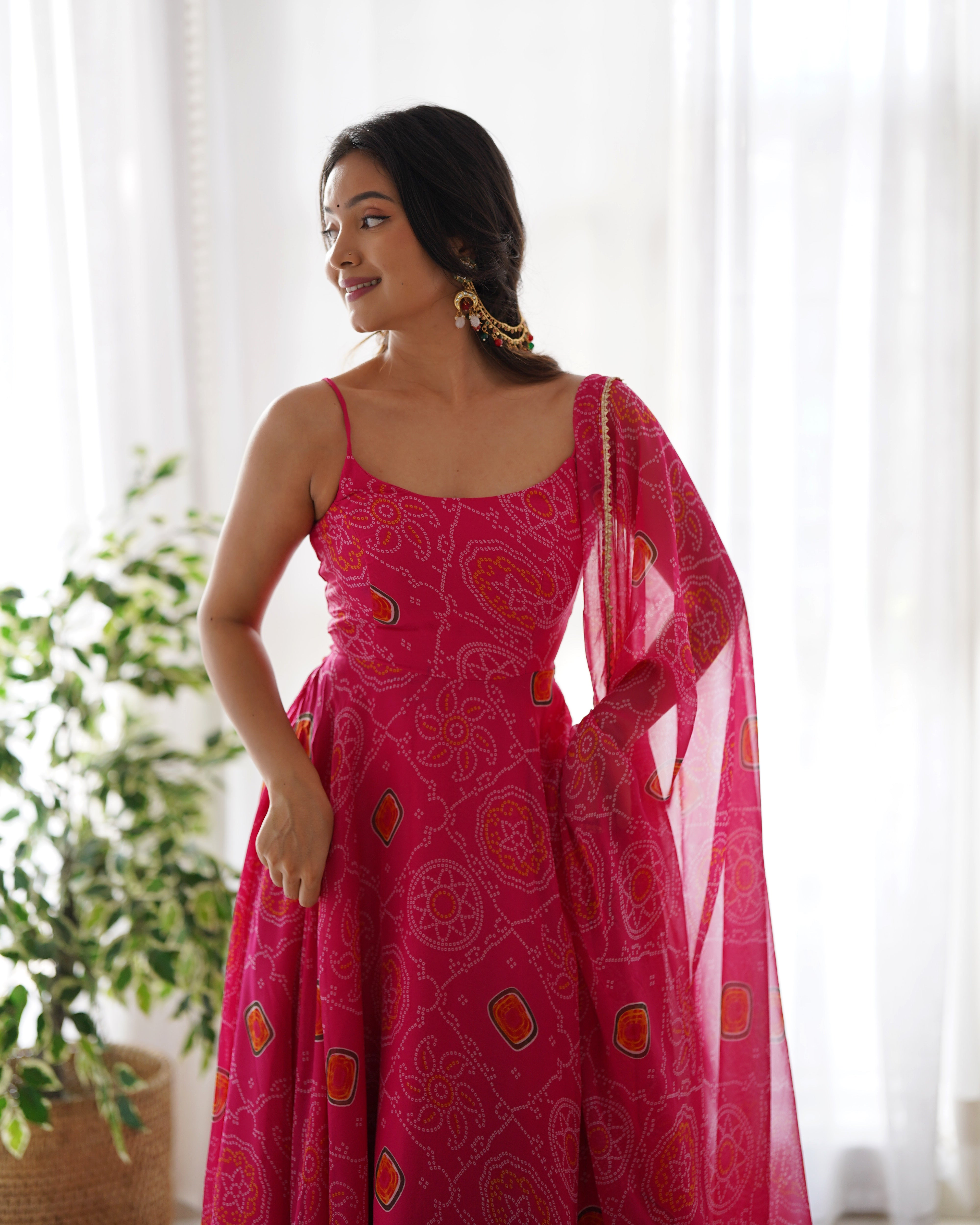 Pink Pure Soft Lightweight Chiffon Bandhej Anarkali Suit Set With Huge Flair, Dupatta & Pant