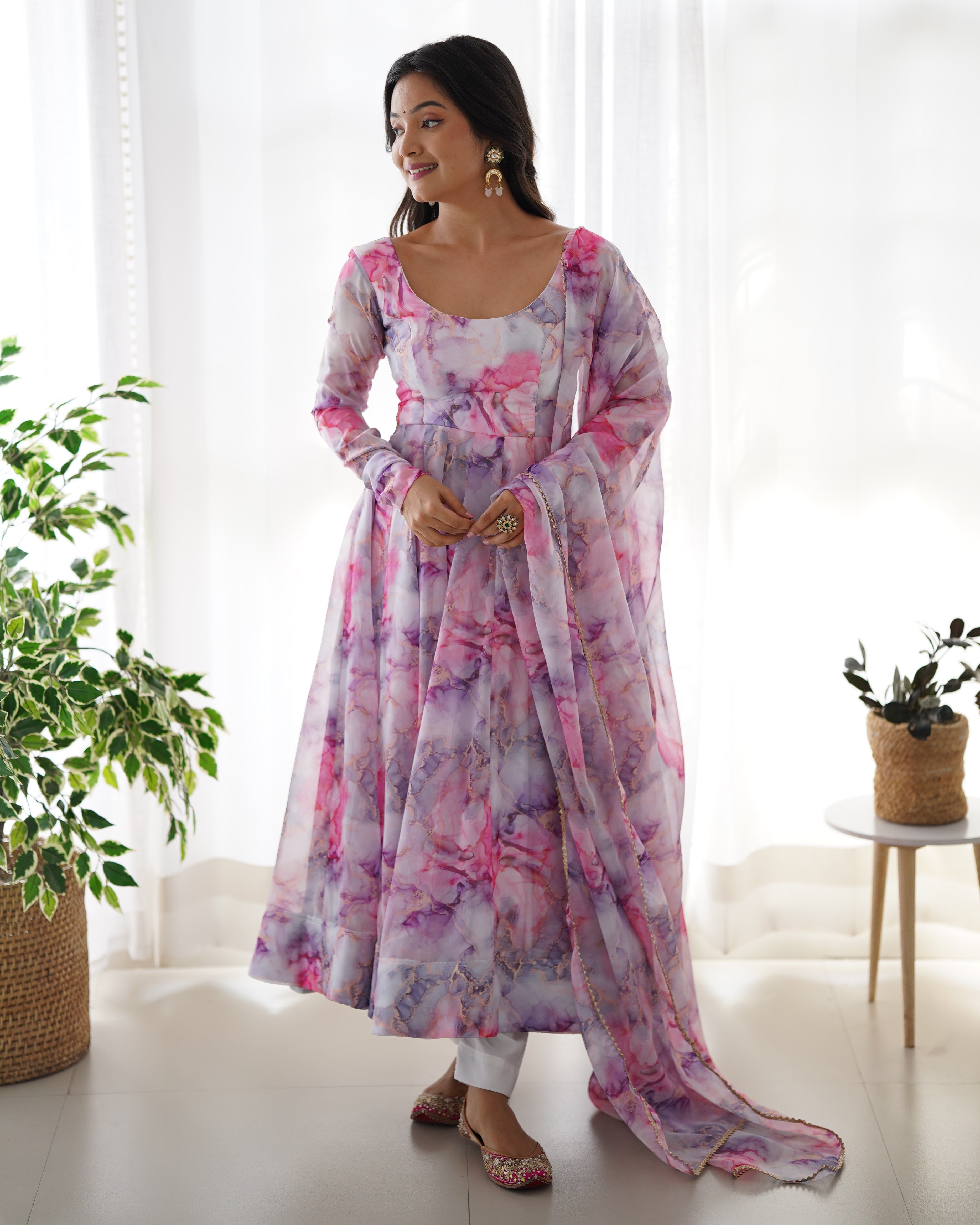 Pink Pure Soft Organza Anarkali Suit Set With Huge Flair, Dupatta & Pant
