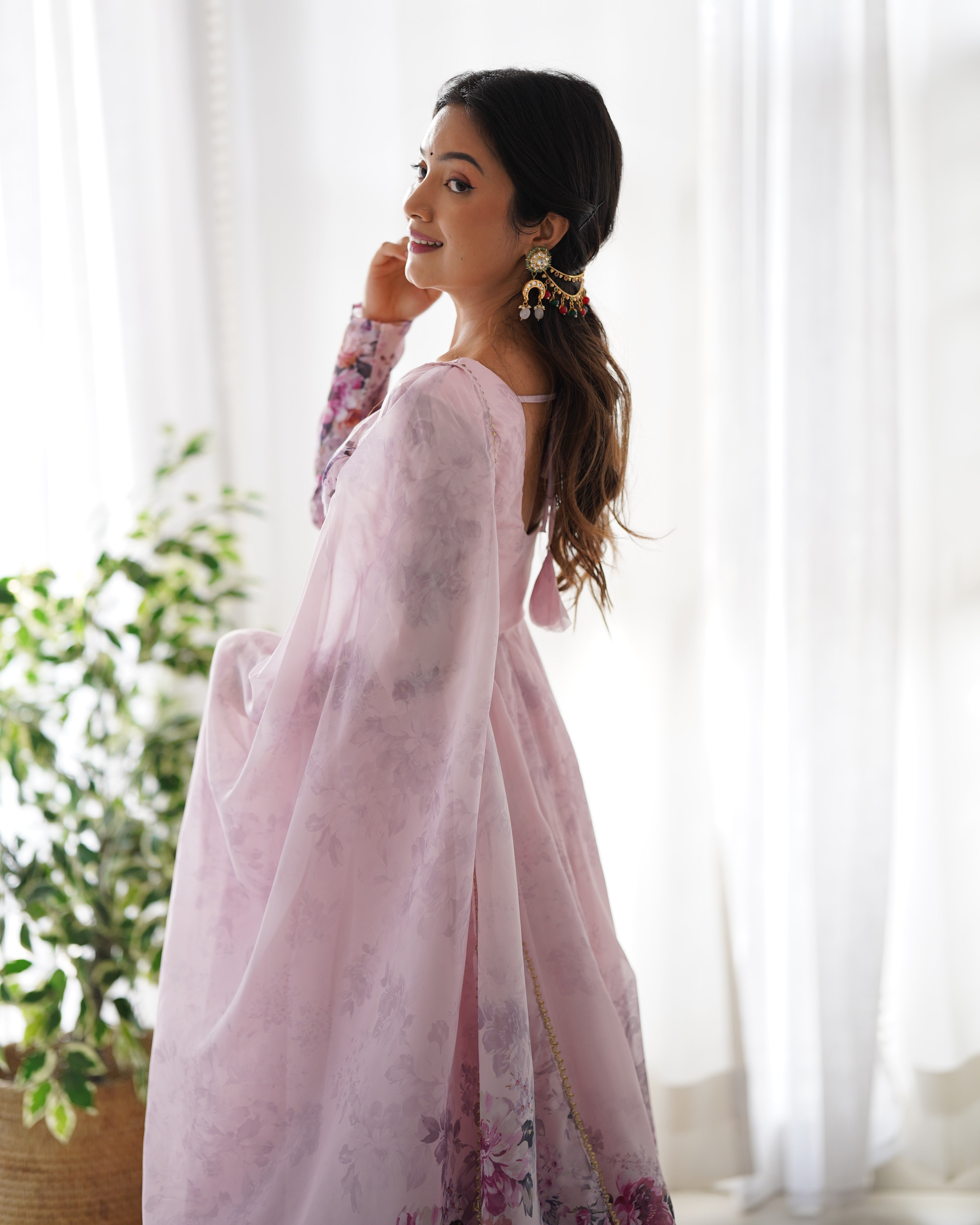 Pink Pure Soft Organza Anarkali Suit Set With Huge Flair, Dupatta & Pant