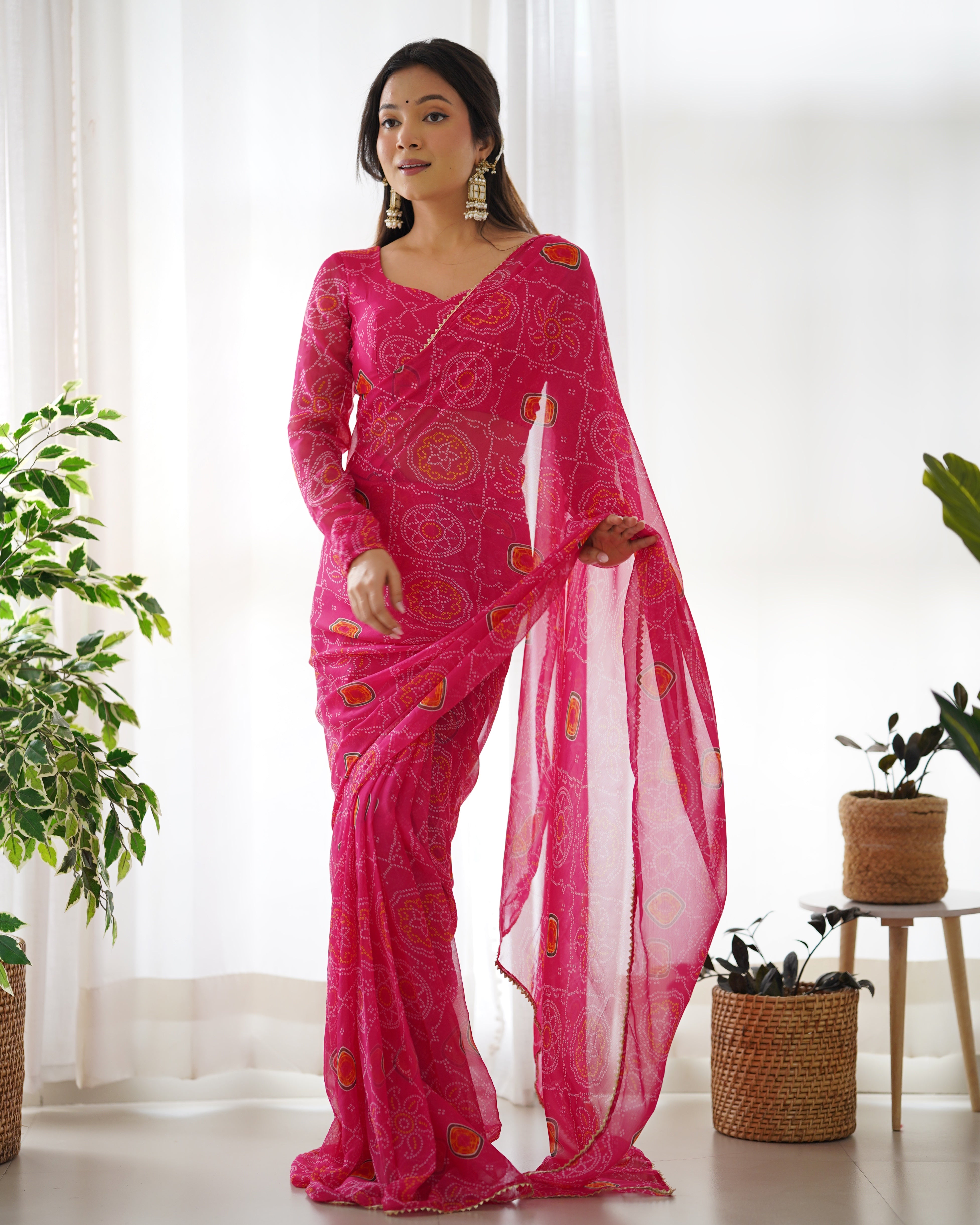 Pink Ready-To-Wear Pure Soft Light Weight Chiffon Saree