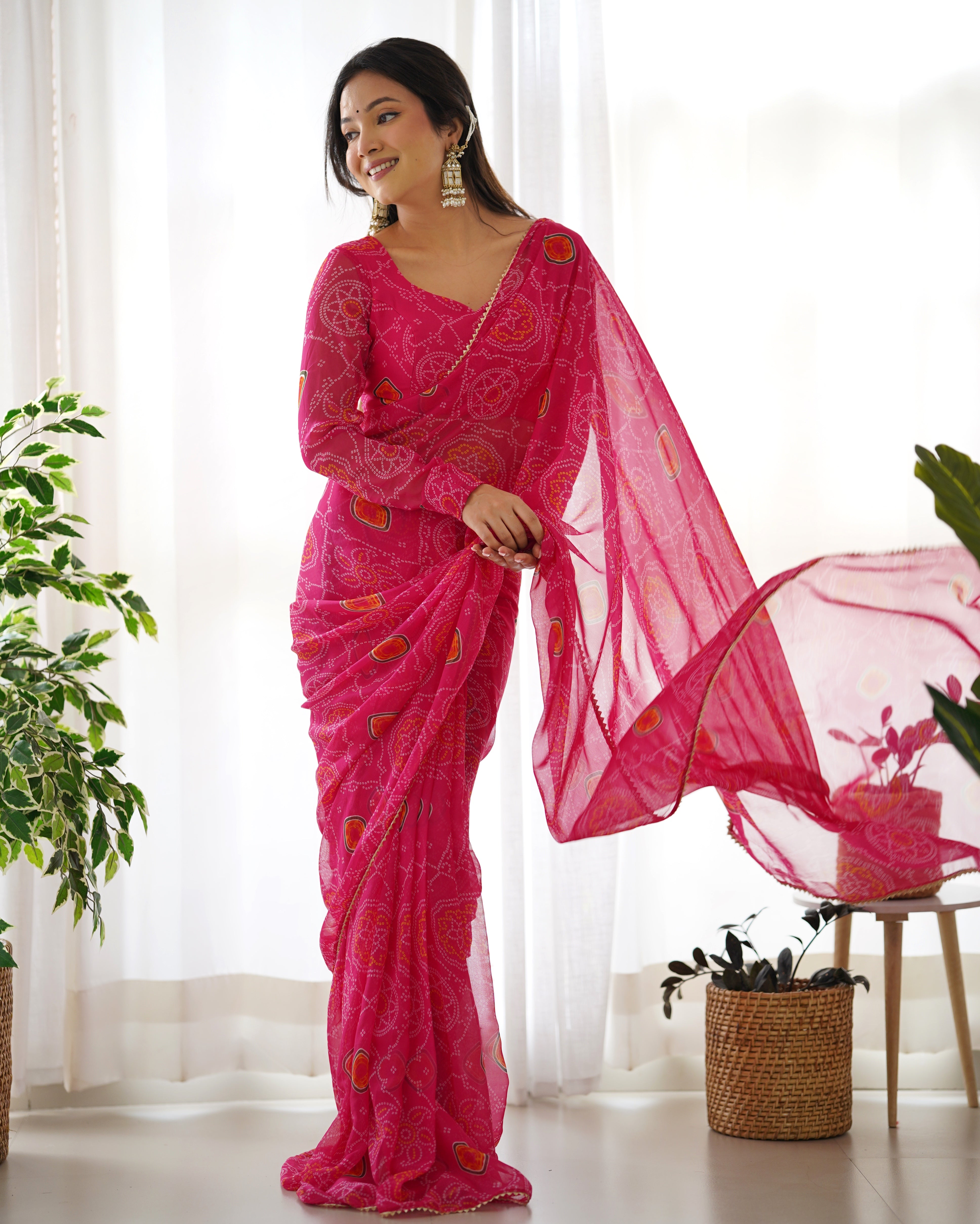 Pink Ready-To-Wear Pure Soft Light Weight Chiffon Saree