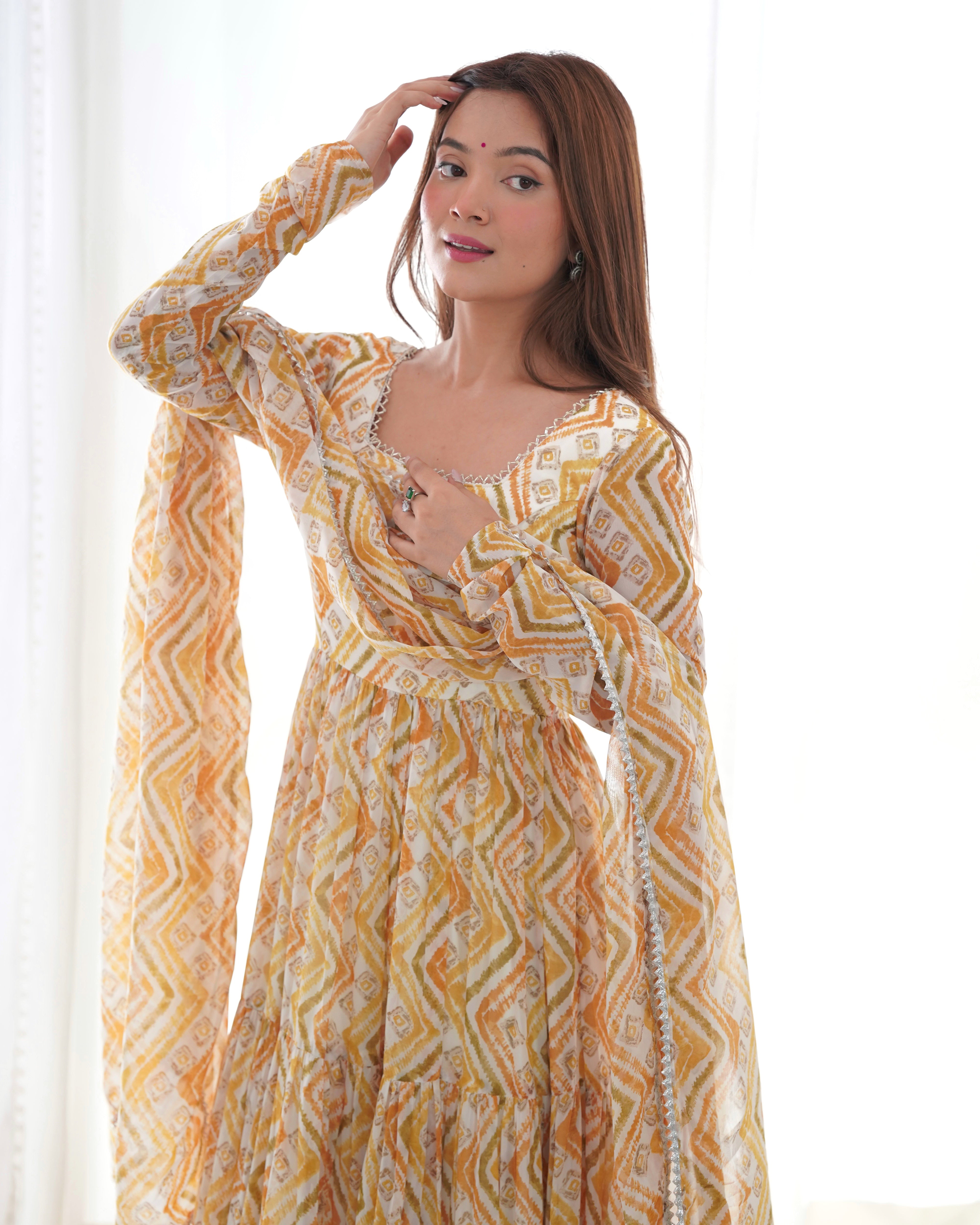 Yellow Pure Soft Fox Georgette Anarkali Suit Set With Huge Flair, Dupatta & Pant
