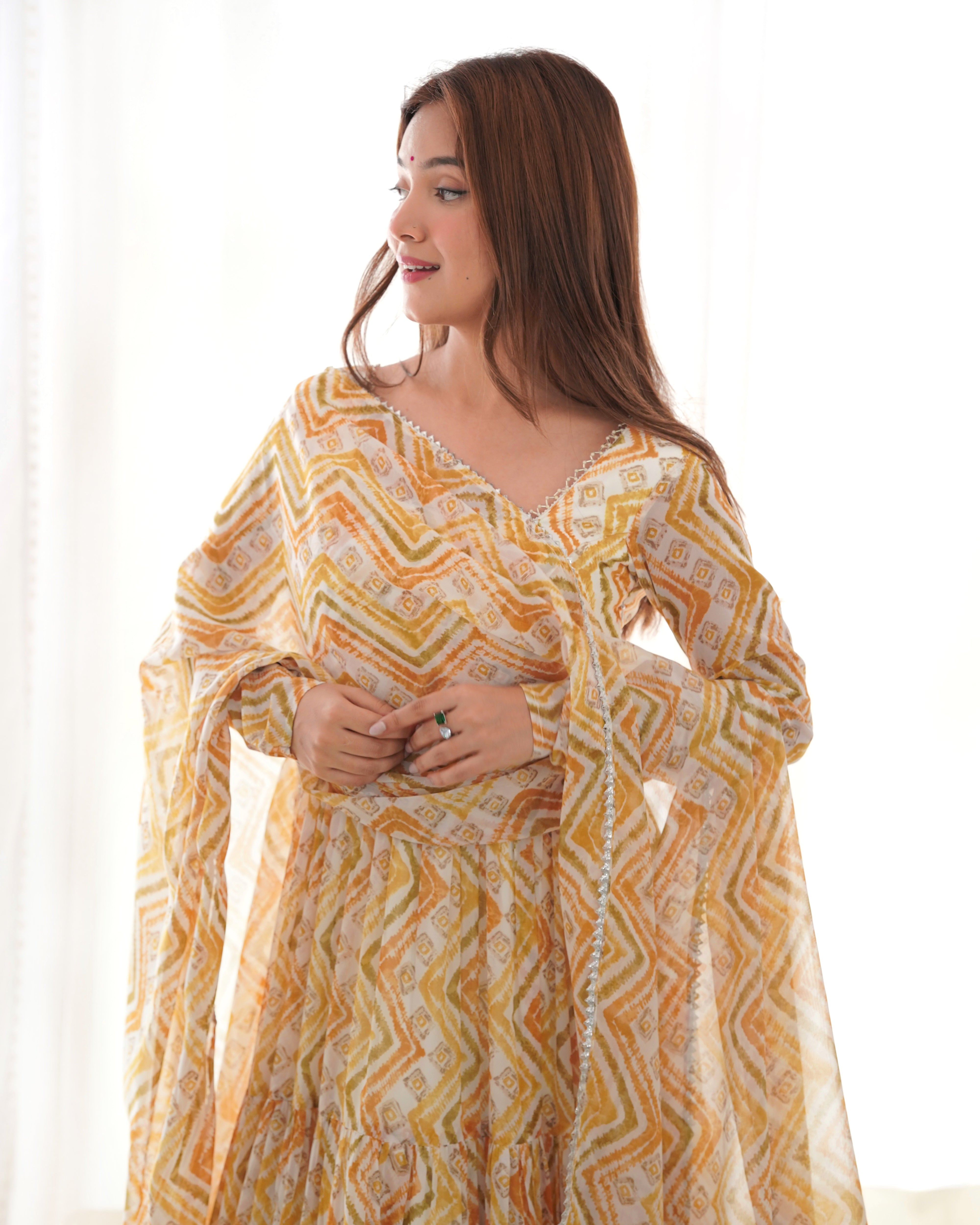 Yellow Pure Soft Fox Georgette Anarkali Suit Set With Huge Flair, Dupatta & Pant