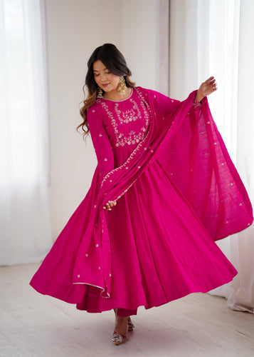 Dark Pink Pure Roman Chanderi Silk Anarkali Suit Set With Huge Flair, Dupatta & Pant