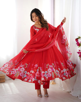 Red Pure Soft Organza Silk Anarkali Suit Set With Huge Flair, Dupatta & Pant
