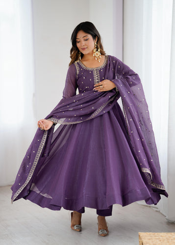 Mauve Pure Crunchy Silk Anarkali Suit Set With Huge Flair, Dupatta & Pant